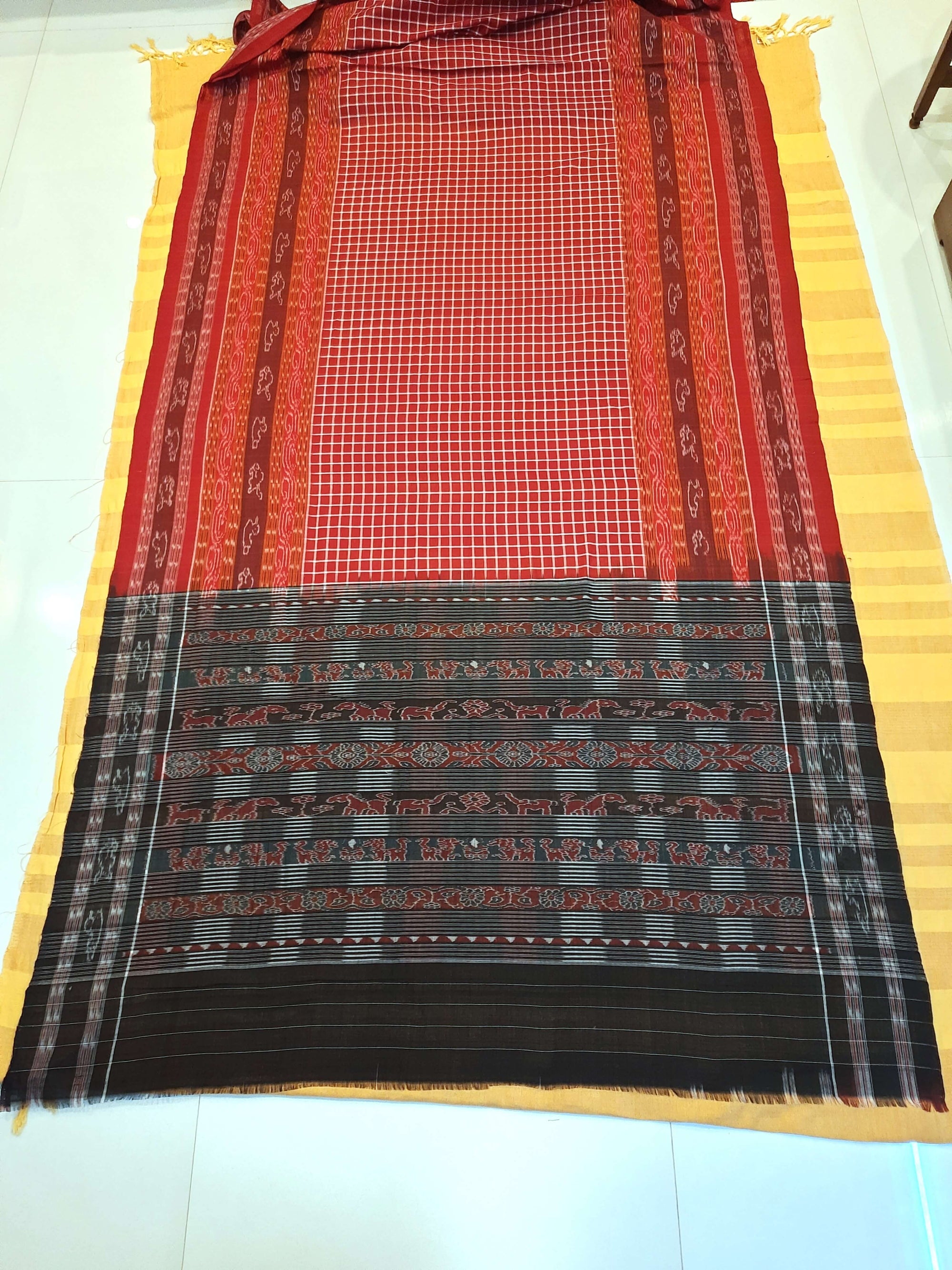 Maroon Sambalpuri Sachipar Cotton Saree with mix match blouse piece