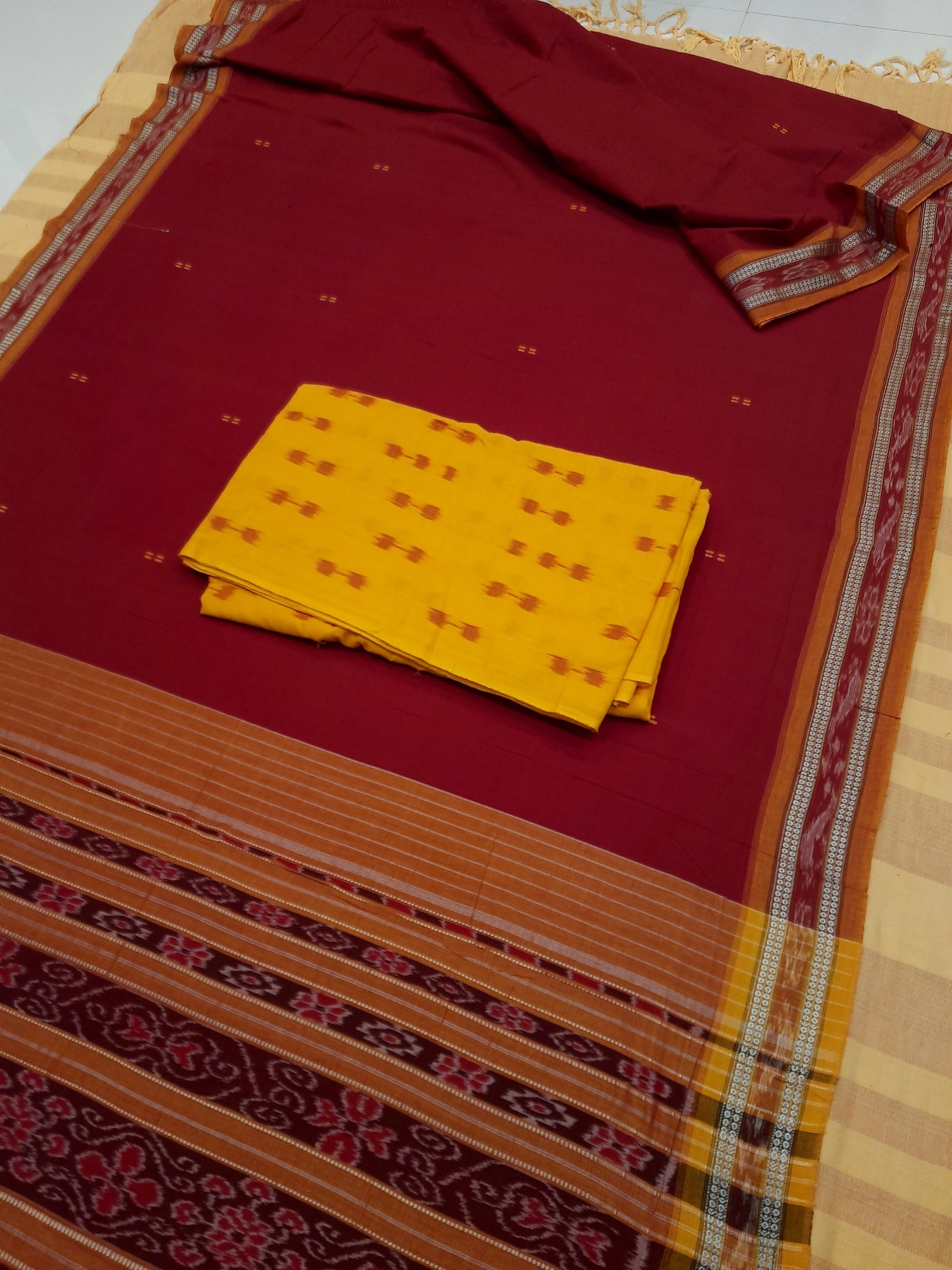 Maroon Cotton Odisha Ikat saree  with mix match cotton ikat blouse