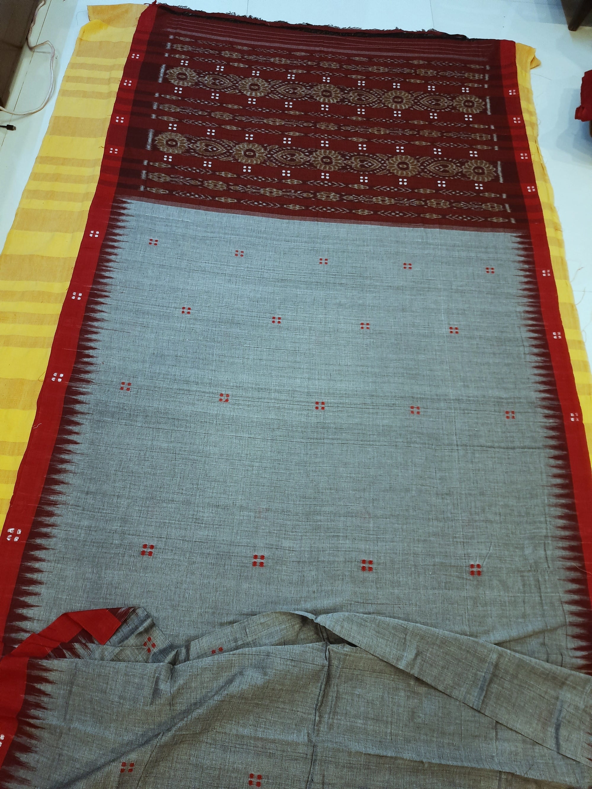 Grey Cotton Odisha Ikat saree  with mix match cotton ikat blouse