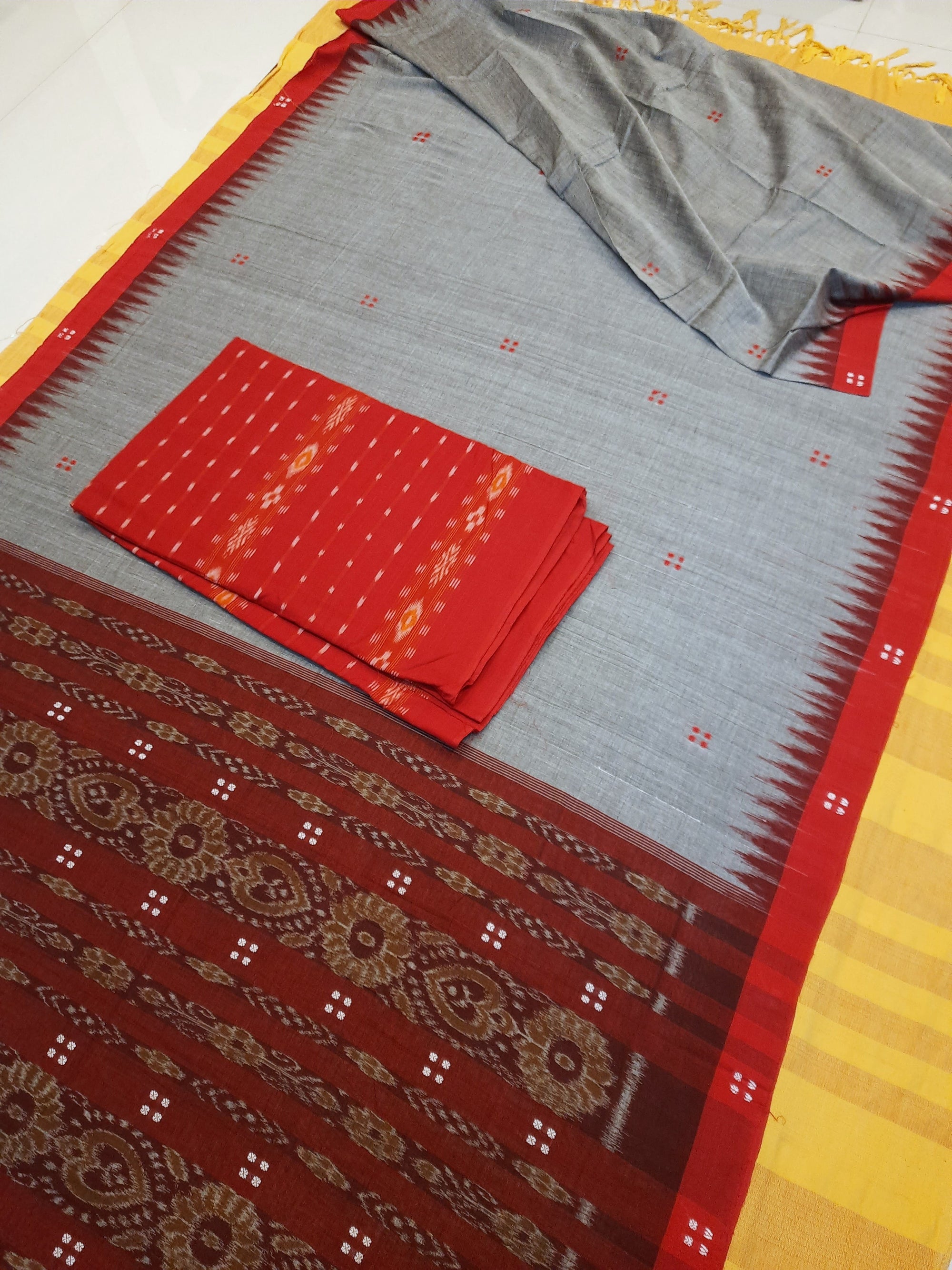 Grey Cotton Odisha Ikat saree  with mix match cotton ikat blouse