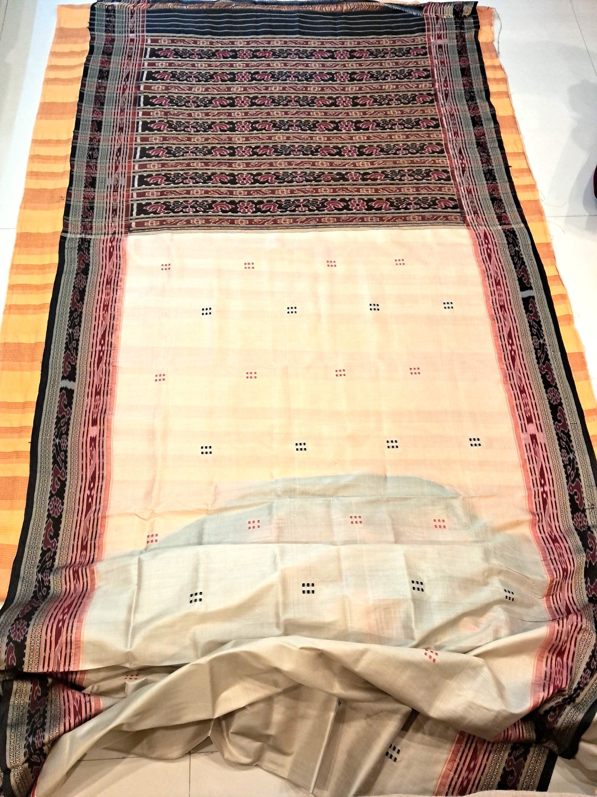 Beige Sachipar Khandua Silk Saree with silk black blouse piece