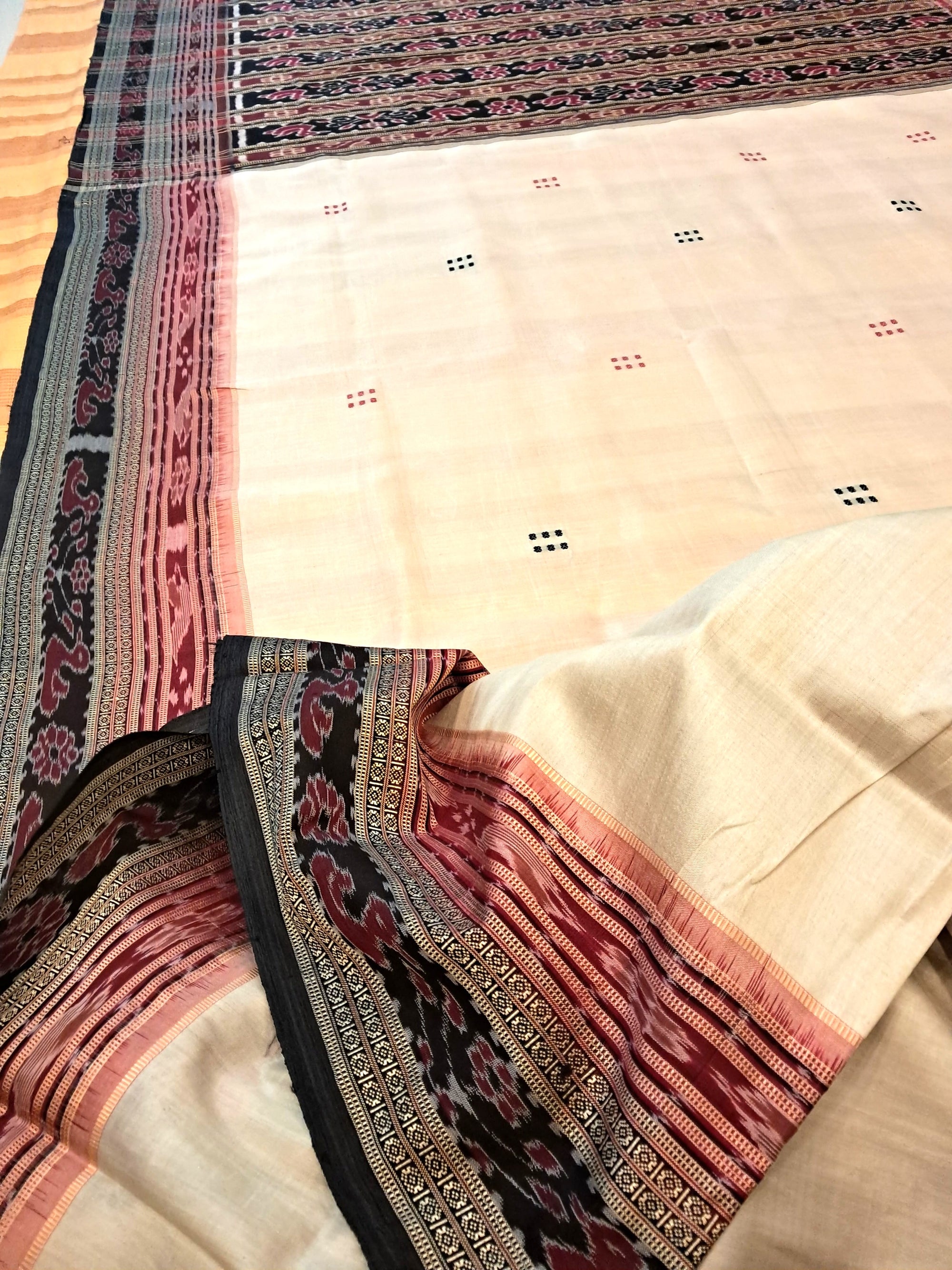 Beige Sachipar Khandua Silk Saree with silk black blouse piece