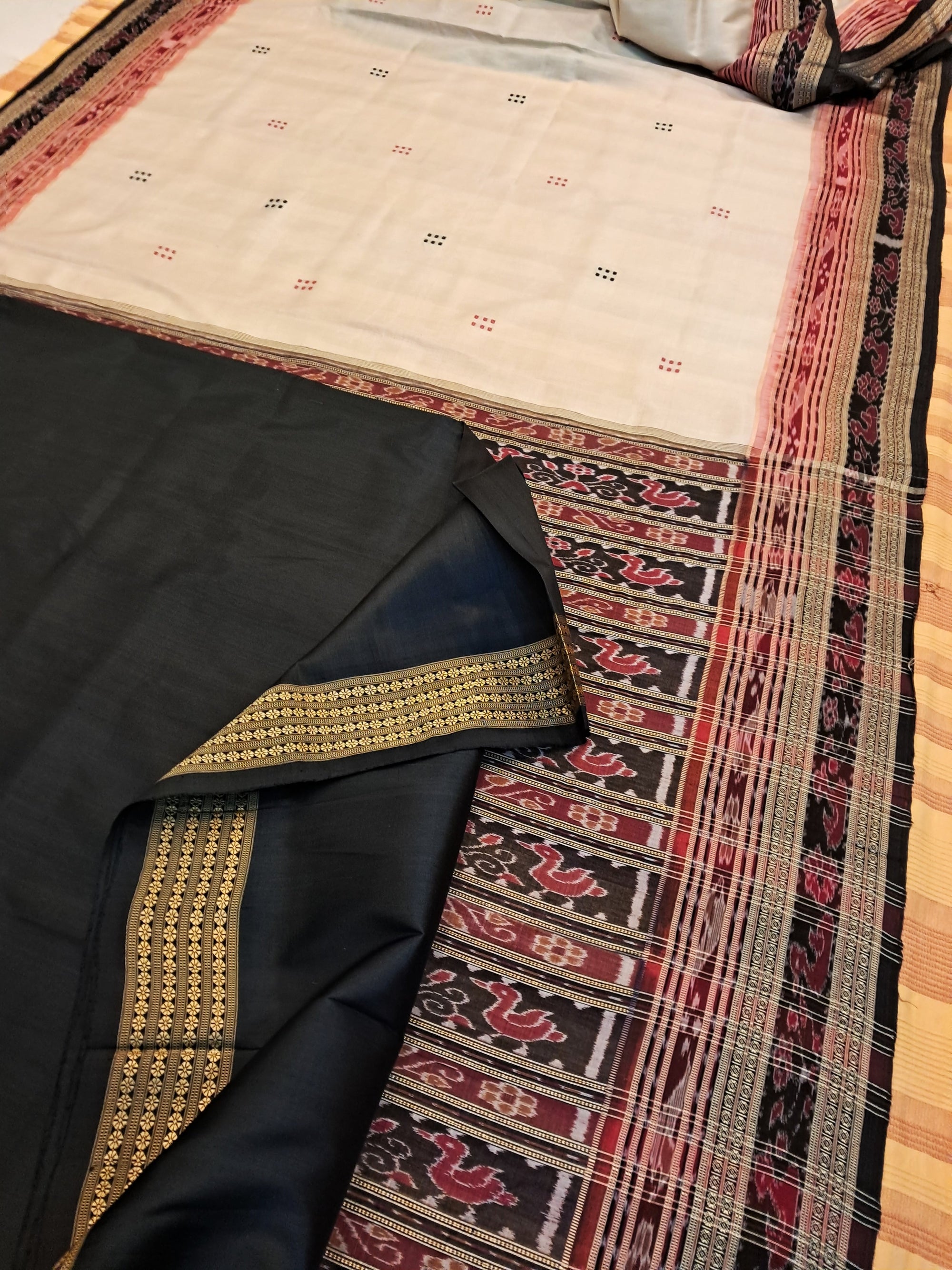 Beige Sachipar Khandua Silk Saree with silk black blouse piece