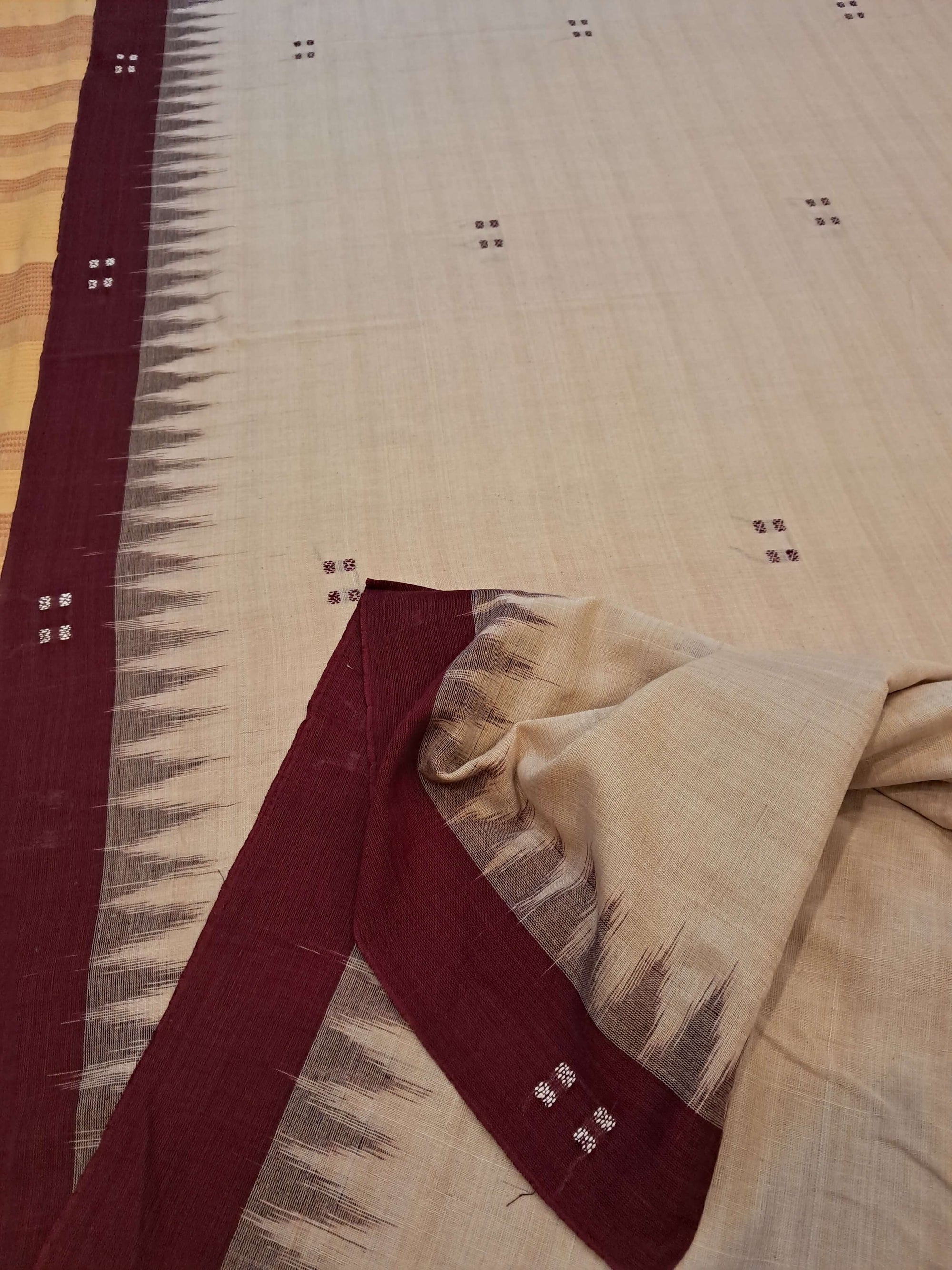 Beige with Maroon Odisha Ikat saree  with cotton ikat blouse piece