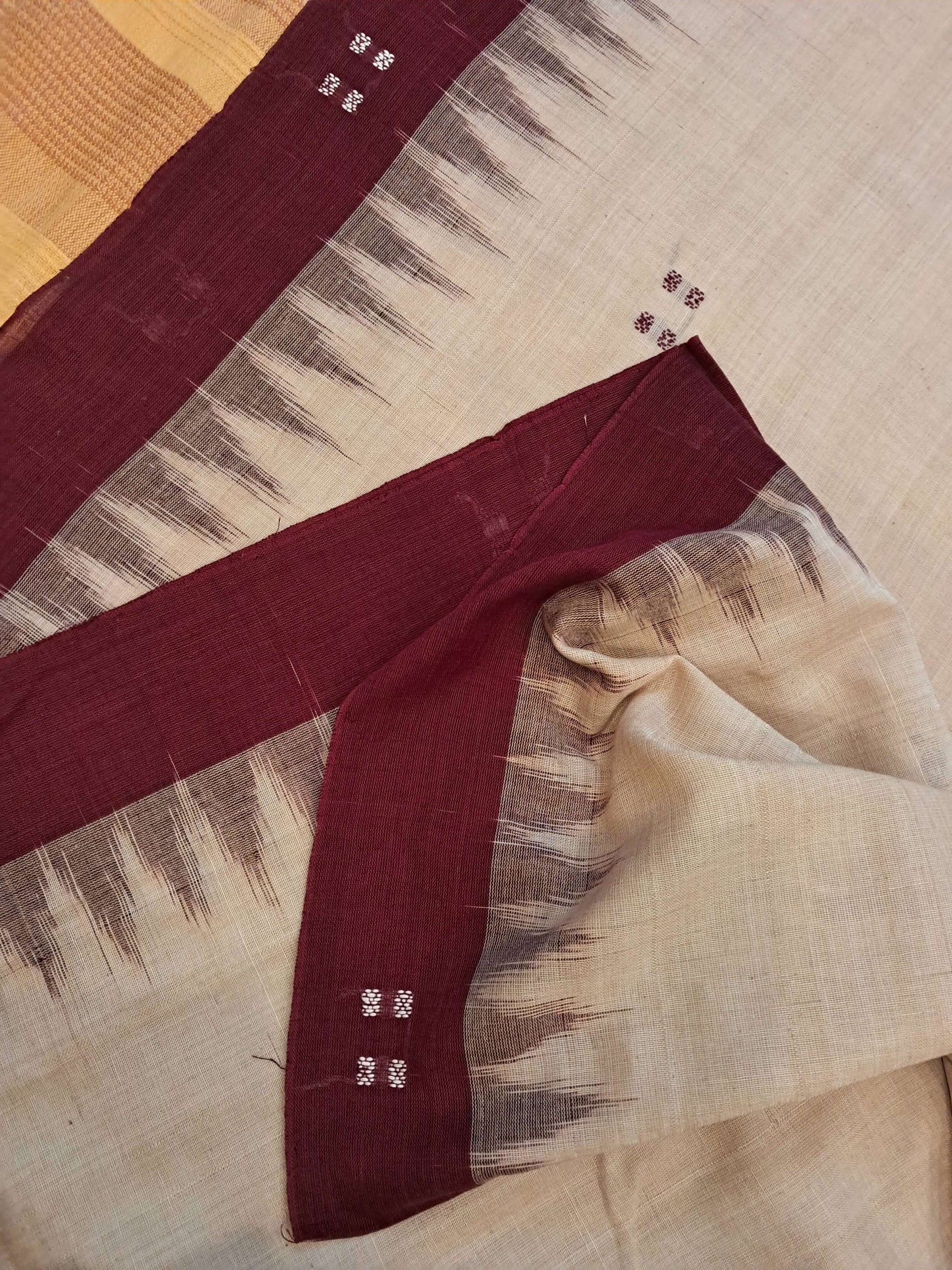 Beige with Maroon Odisha Ikat saree  with cotton ikat blouse piece