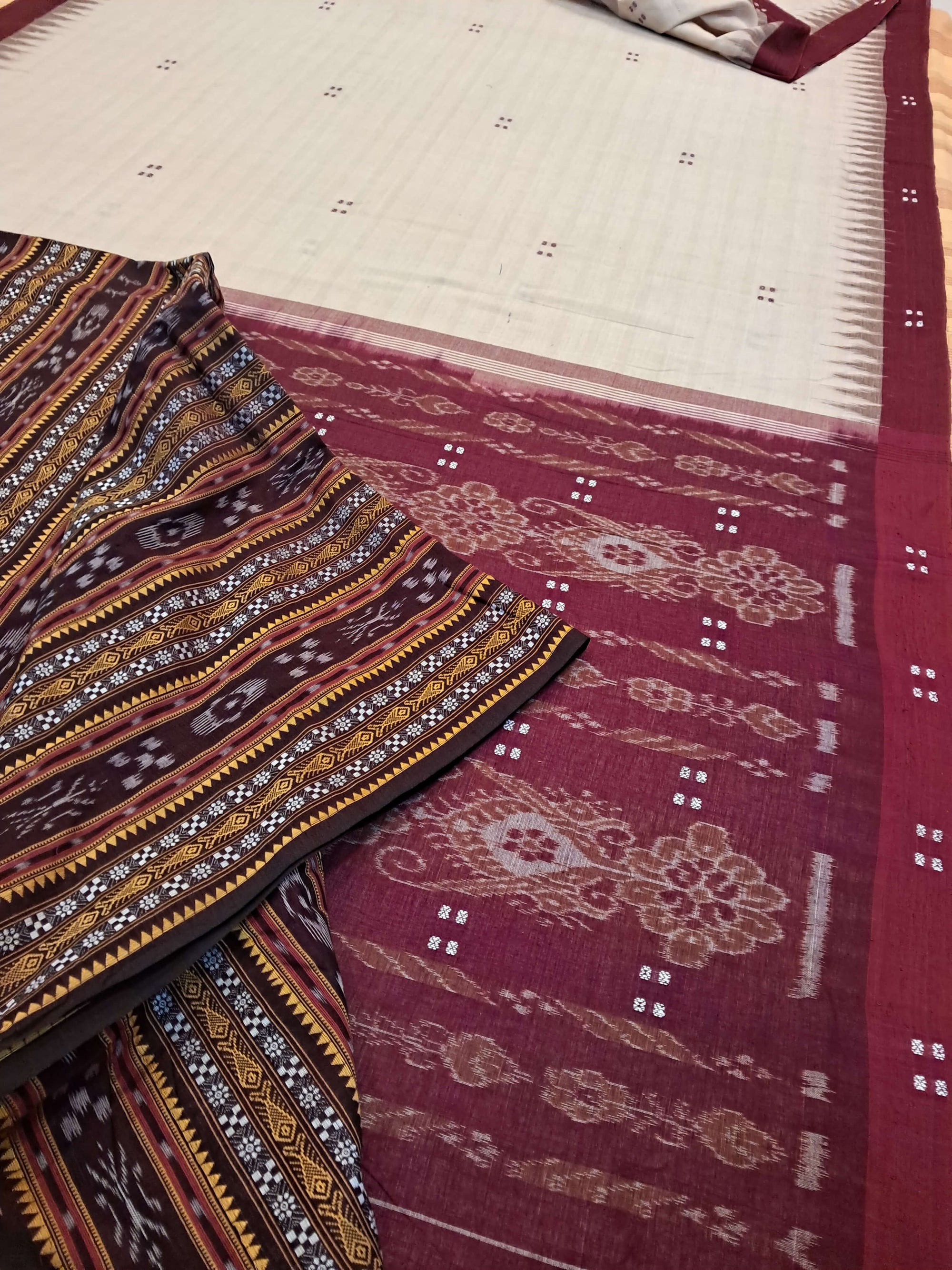 Beige with Maroon Odisha Ikat saree  with cotton ikat blouse piece