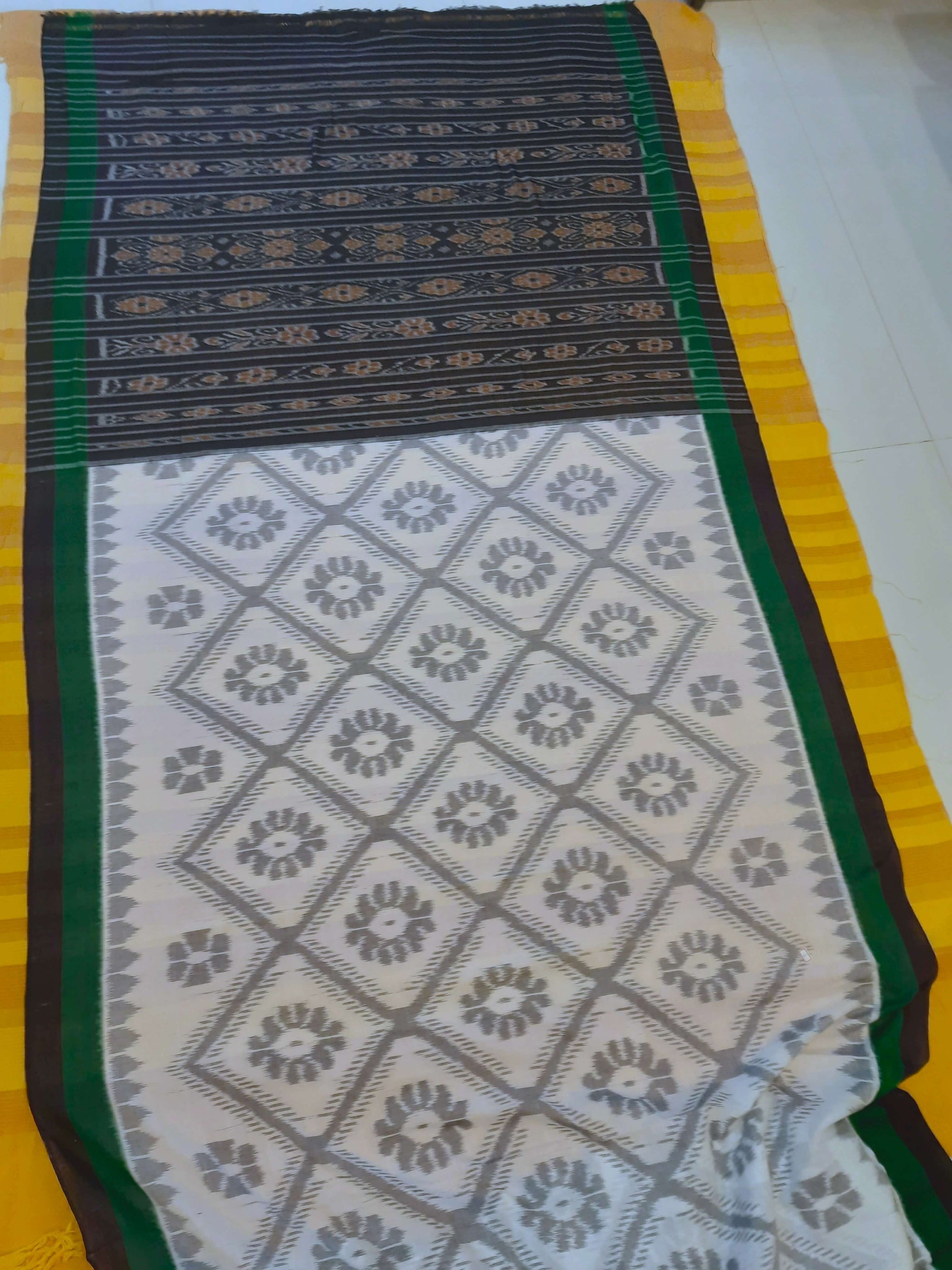 White and Green Cotton Odisha Ikat saree  with mix match cotton ikat blouse