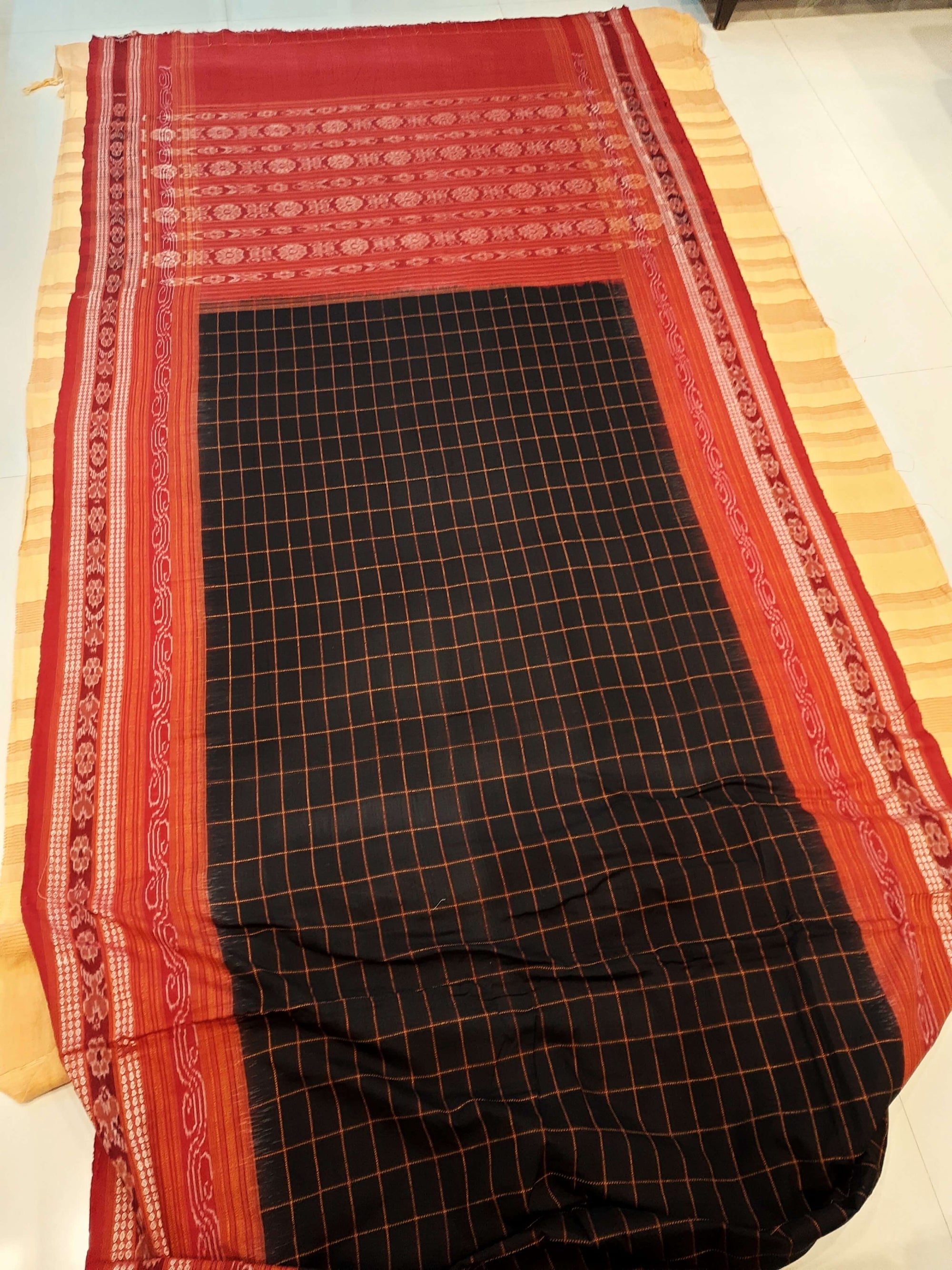 Black Sambalpuri Ikat Sachipar Cotton Saree with matching Sambalpuri ikat cotton blouse piece