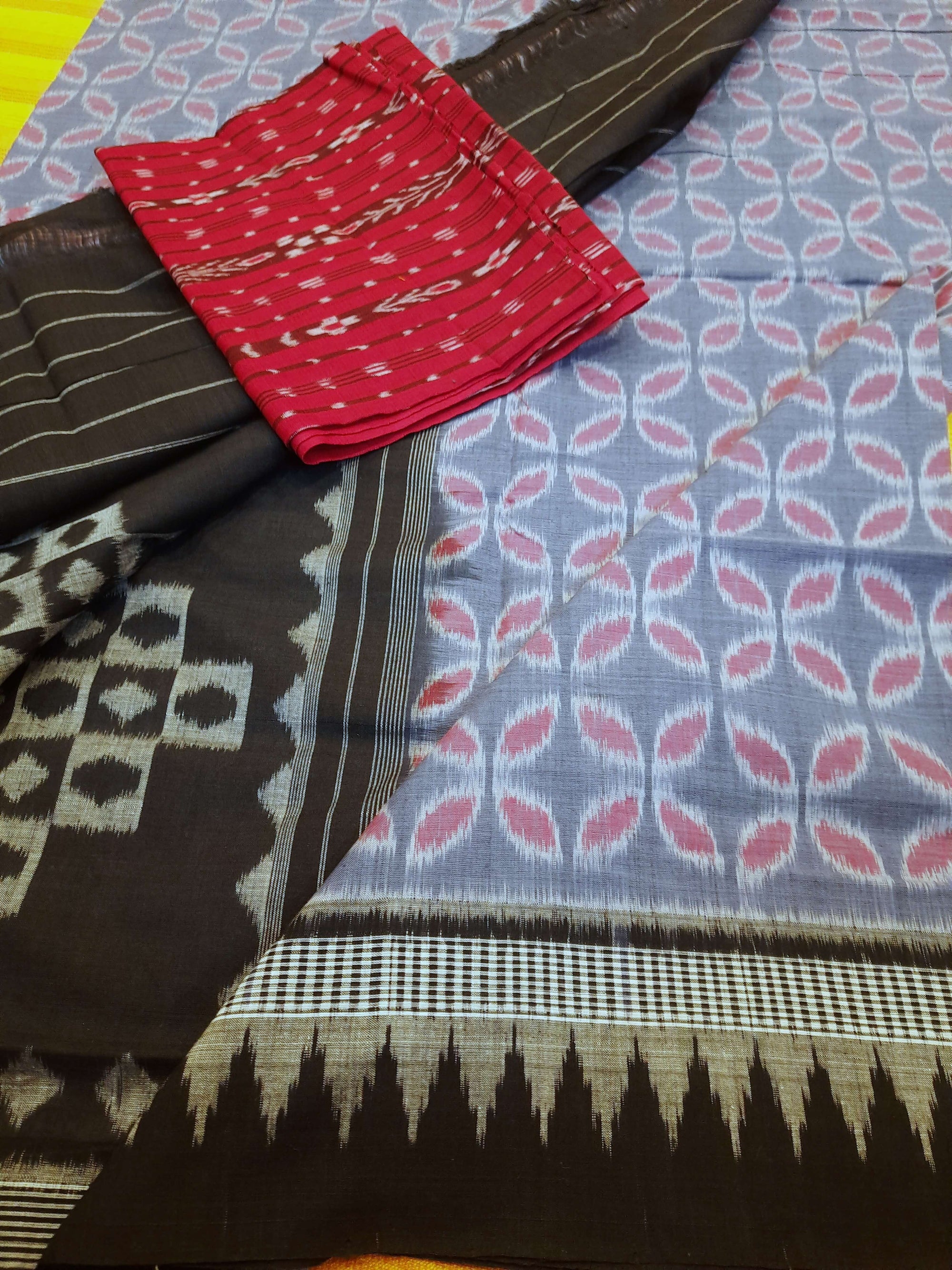 Grey Black Odisha Ikat saree with cotton ikat blouse piece