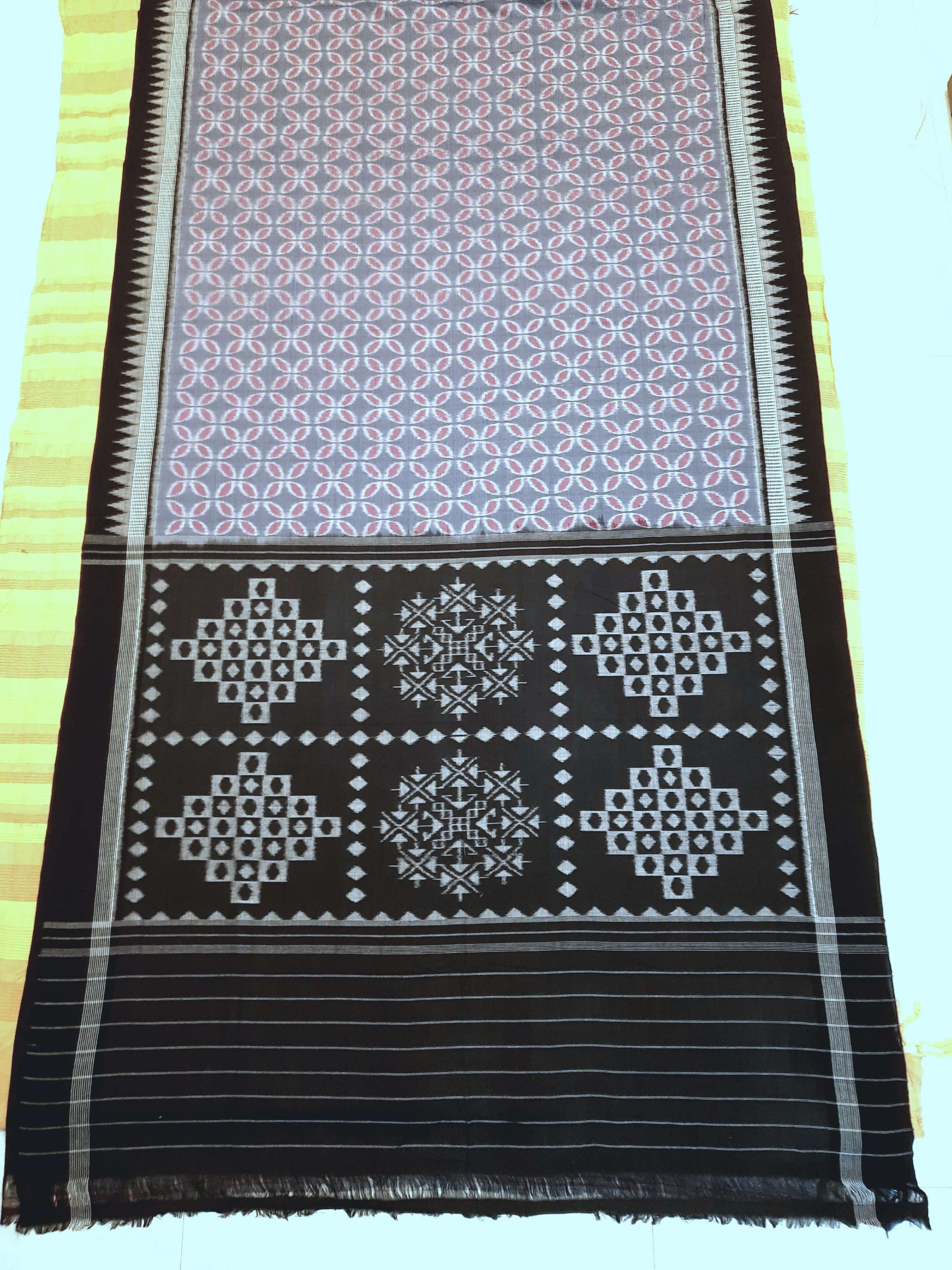 Grey Black Odisha Ikat saree with cotton ikat blouse piece