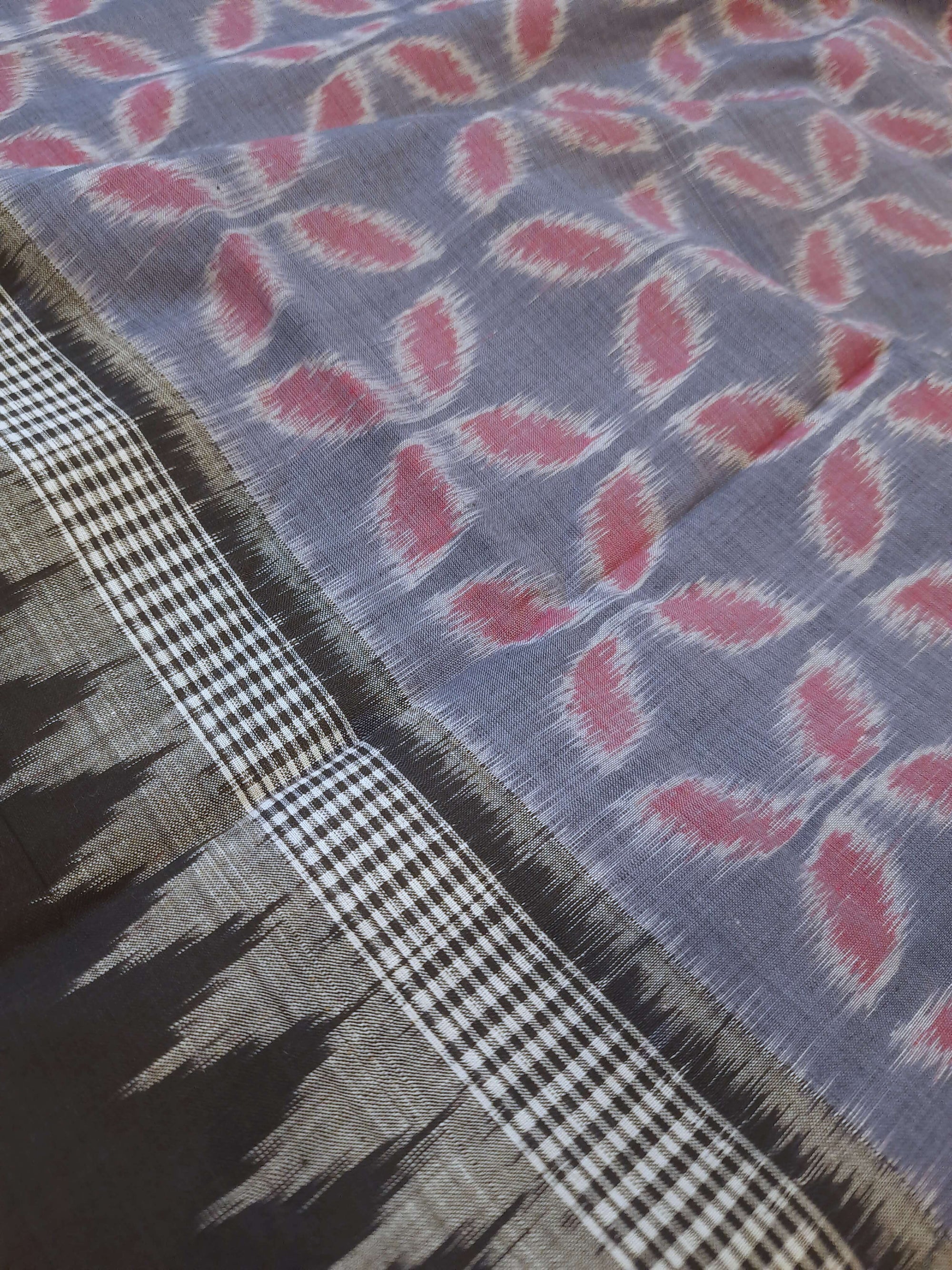 Grey Black Odisha Ikat saree with cotton ikat blouse piece