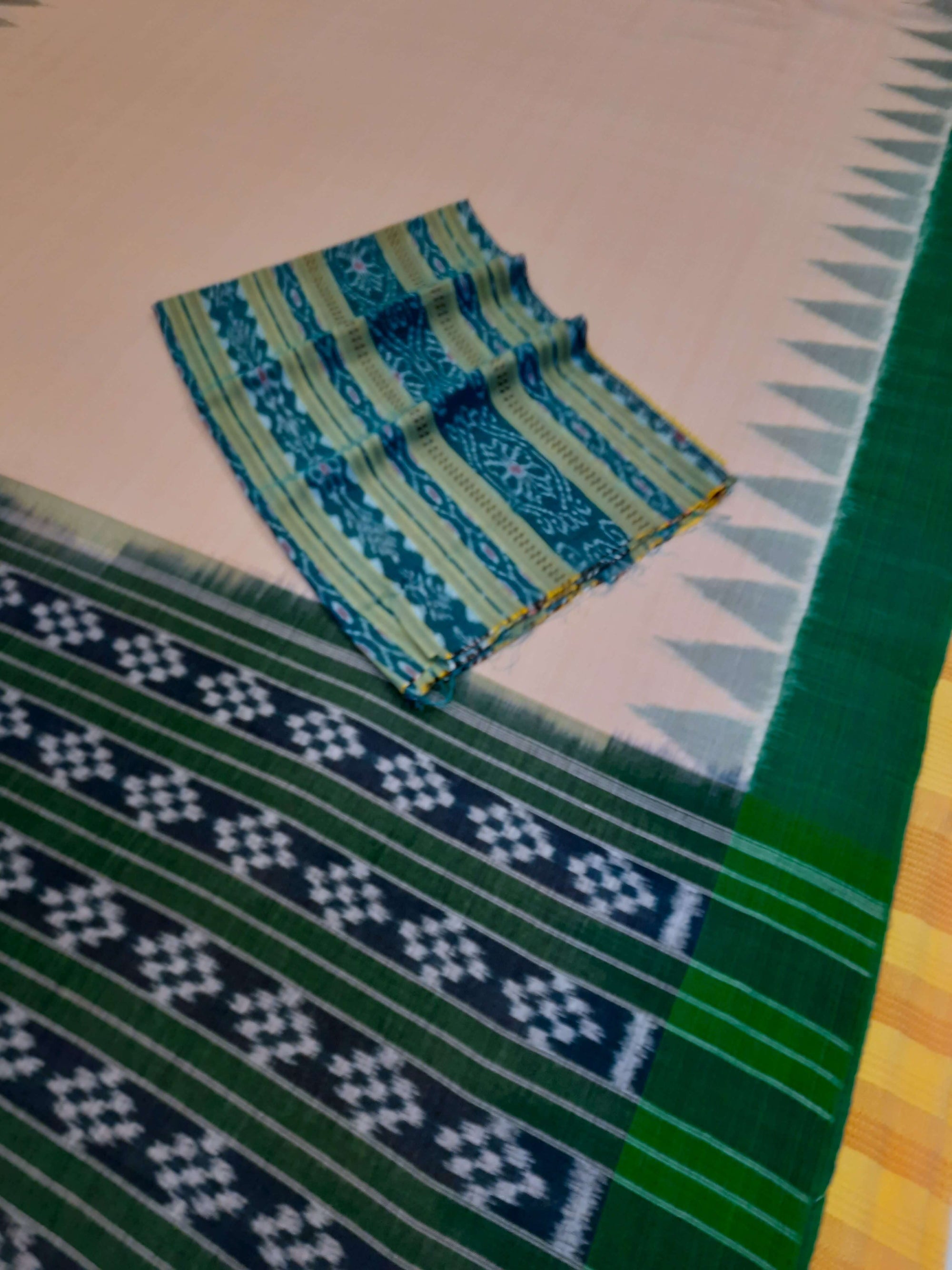 Matha colour with Green Cotton Odisha Ikat saree  with mix match cotton ikat blouse piece