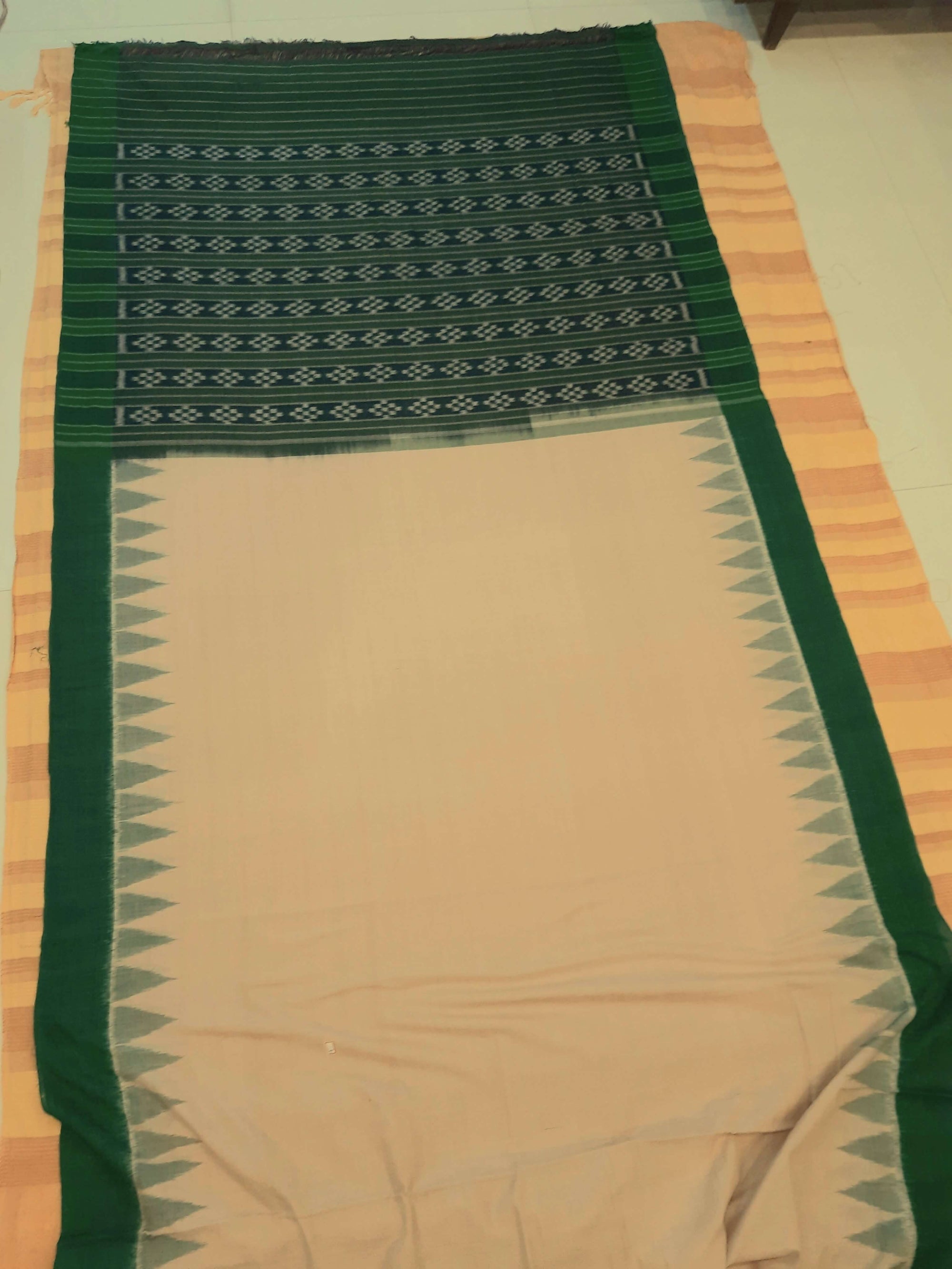 Matha colour with Green Cotton Odisha Ikat saree  with mix match cotton ikat blouse piece