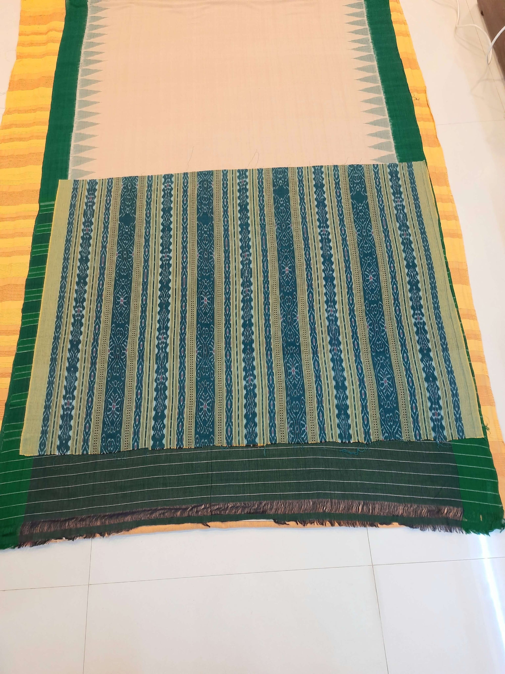 Matha colour with Green Cotton Odisha Ikat saree  with mix match cotton ikat blouse piece