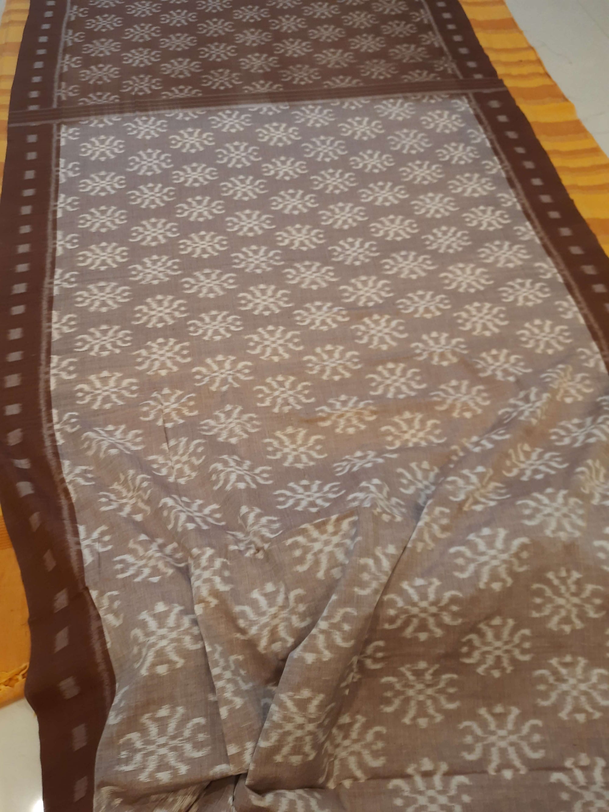 Brown Odisha Ikat saree with cotton ikat blouse piece