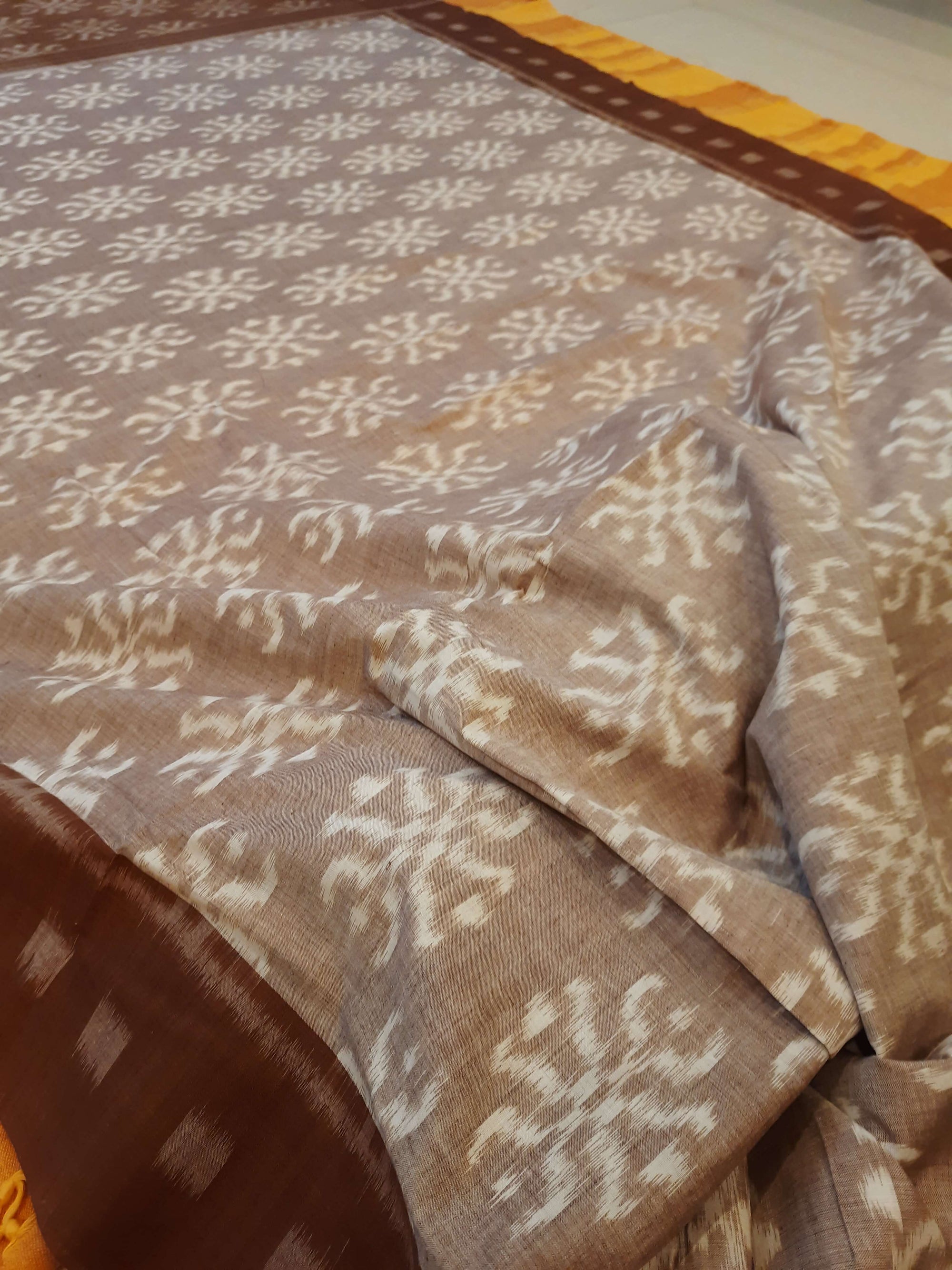 Brown Odisha Ikat saree with cotton ikat blouse piece