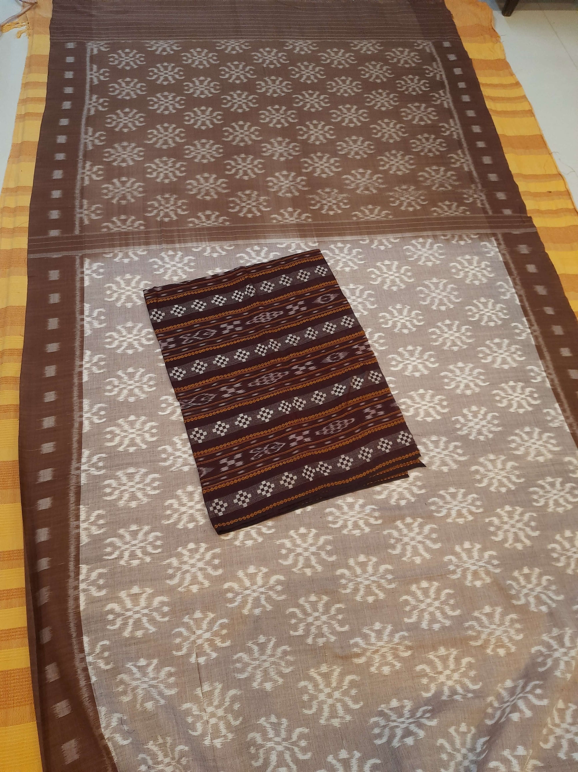 Brown Odisha Ikat saree with cotton ikat blouse piece