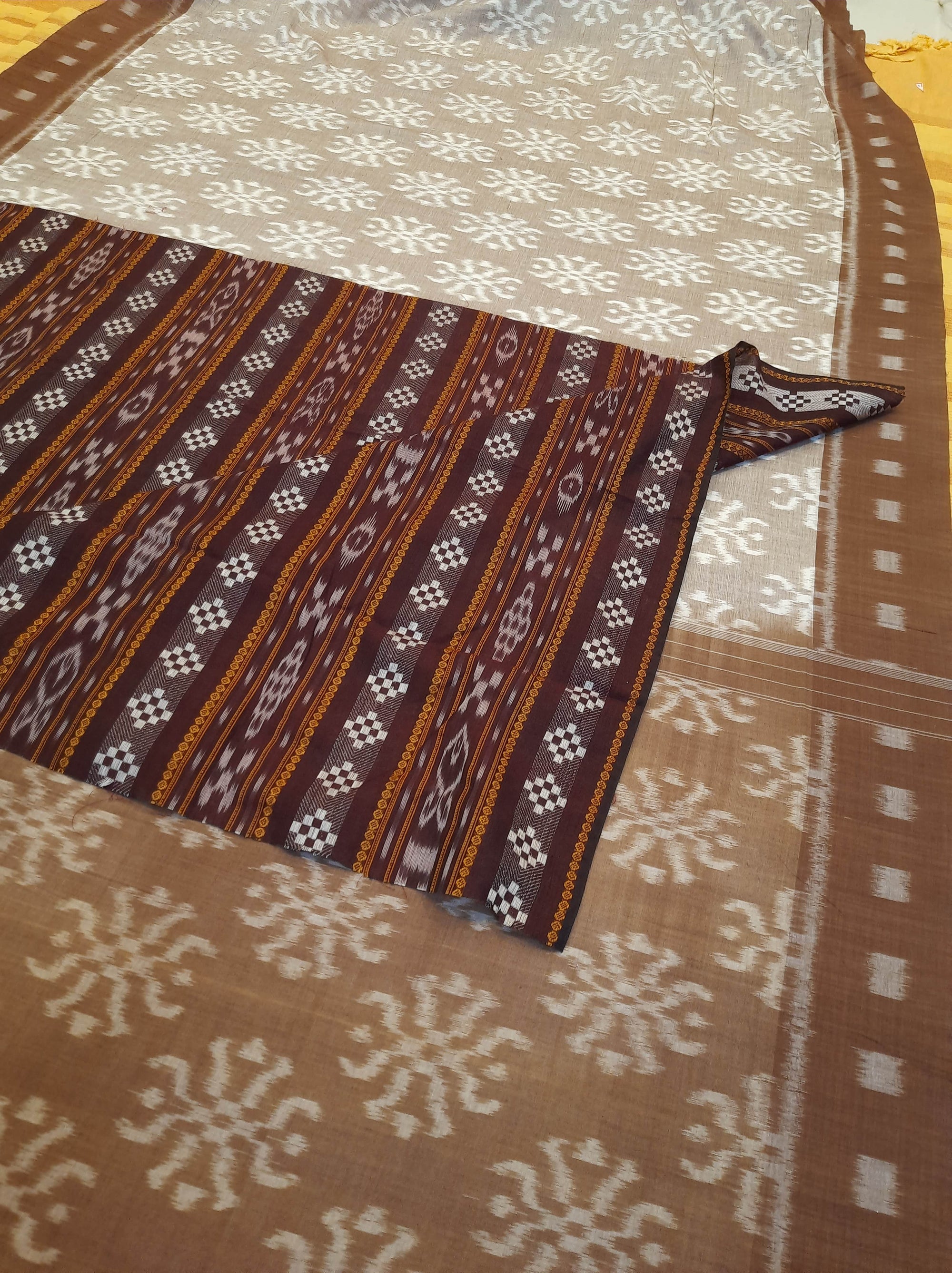 Brown Odisha Ikat saree with cotton ikat blouse piece