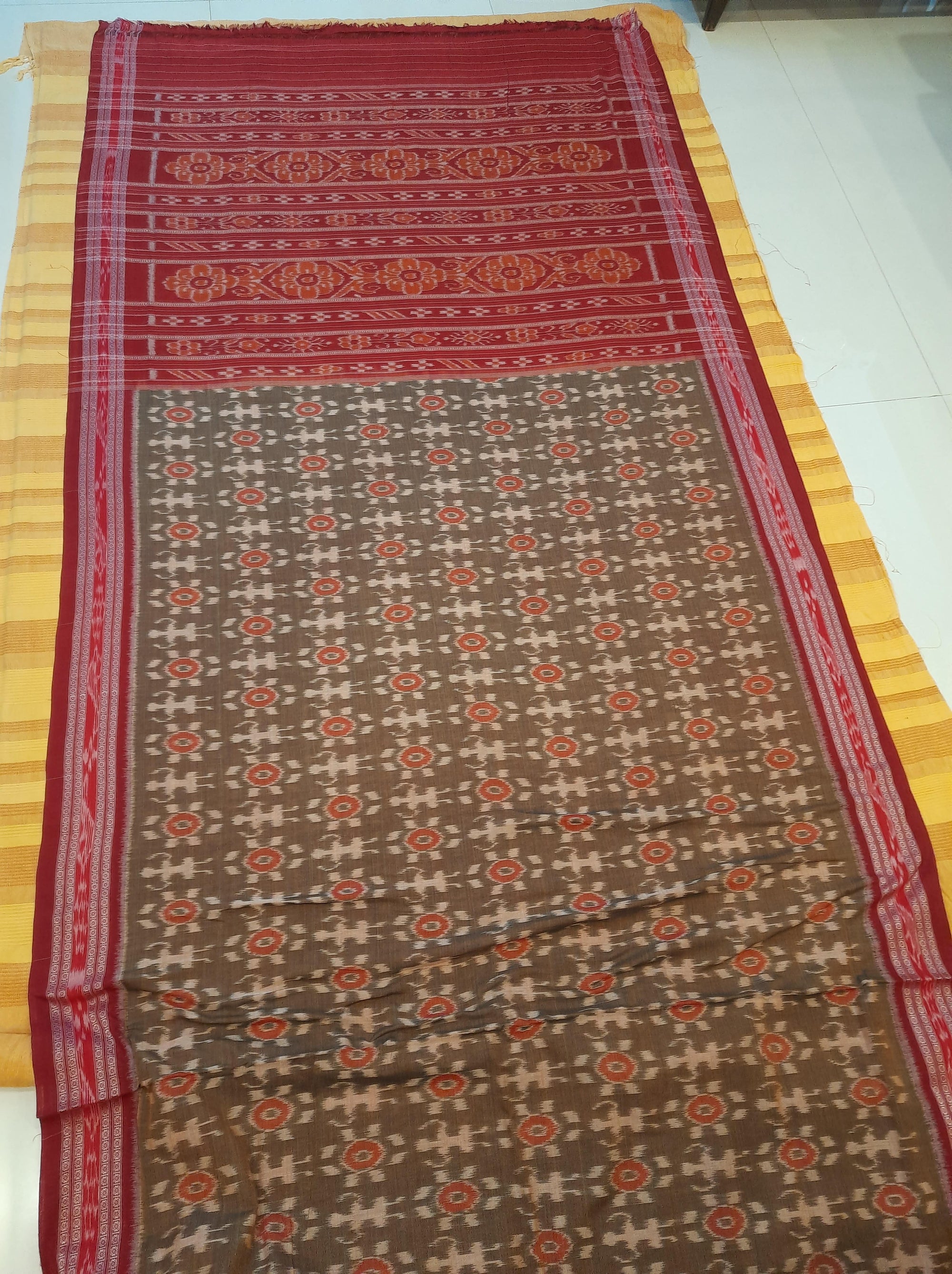 Brown Odisha Ikat saree with cotton ikat blouse piece