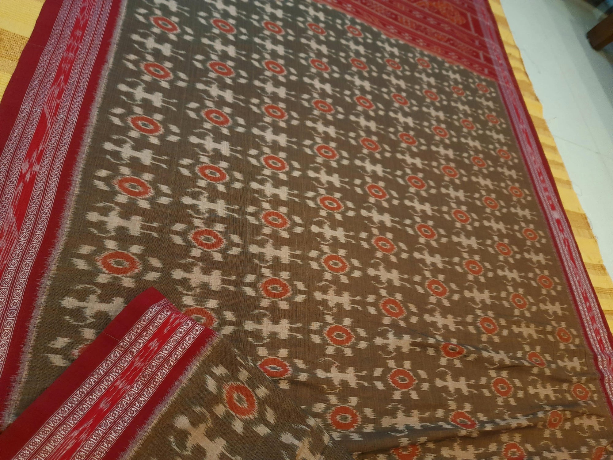 Brown Odisha Ikat saree with cotton ikat blouse piece