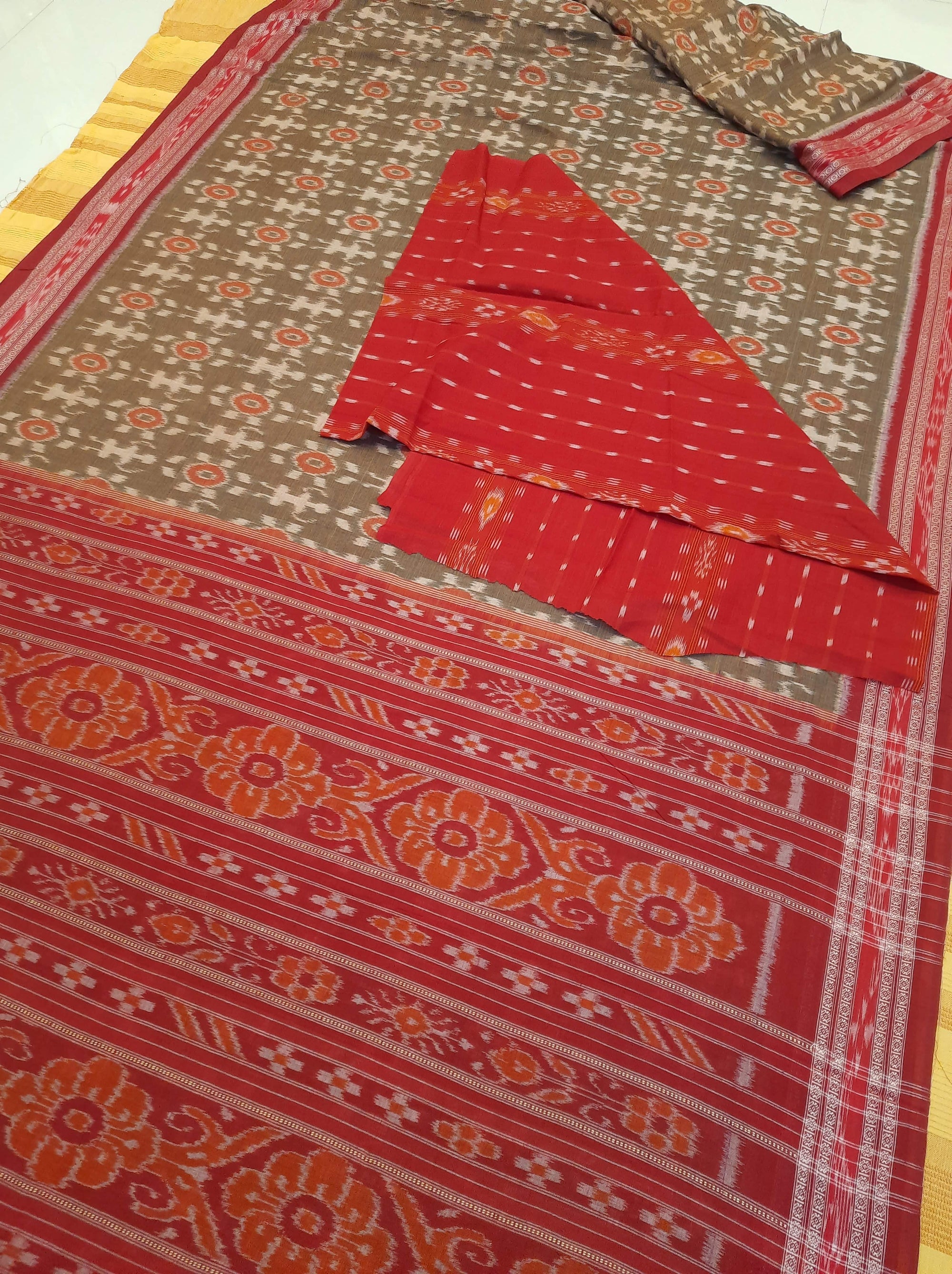 Brown Odisha Ikat saree with cotton ikat blouse piece