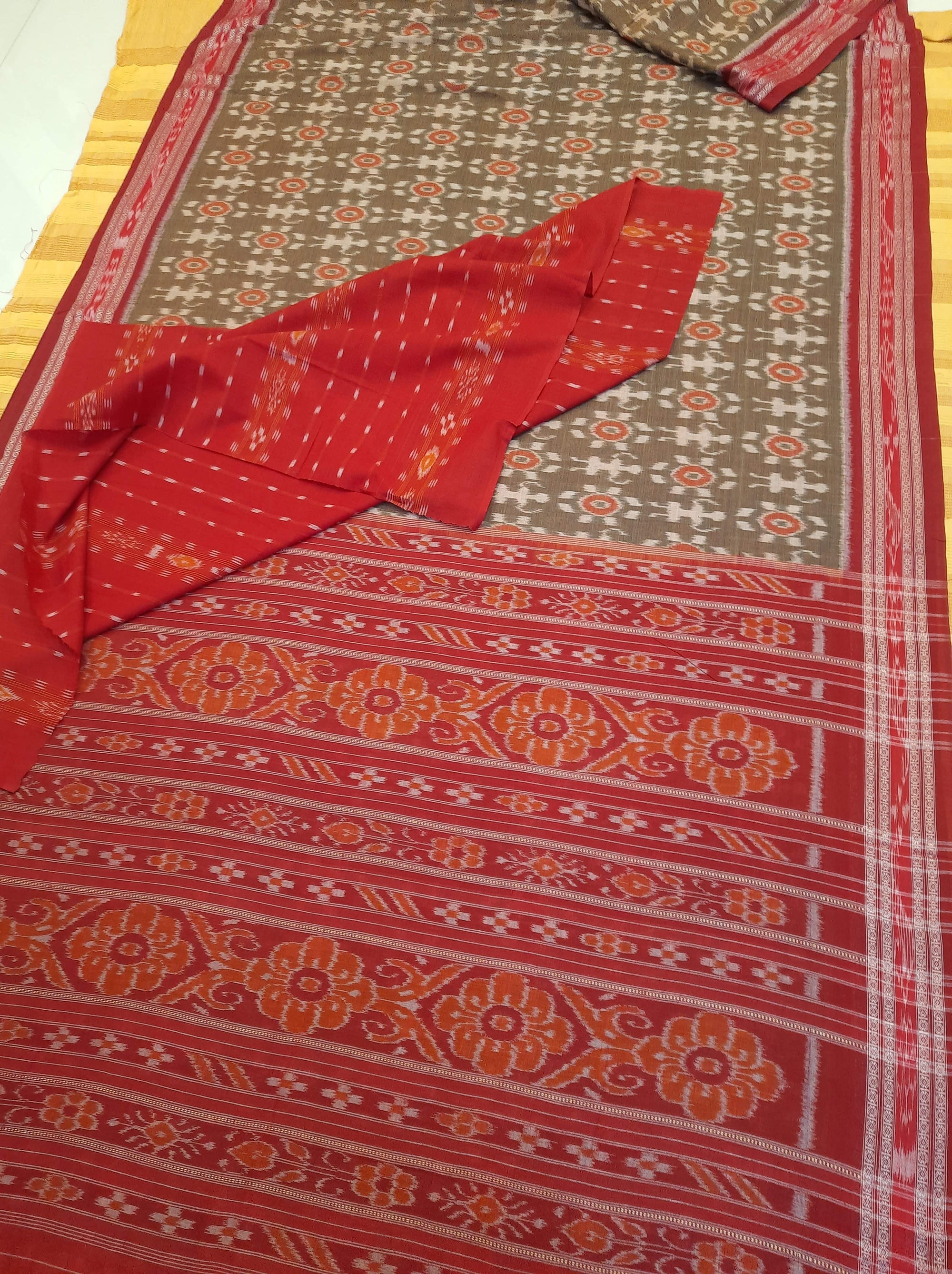 Brown Odisha Ikat saree with cotton ikat blouse piece