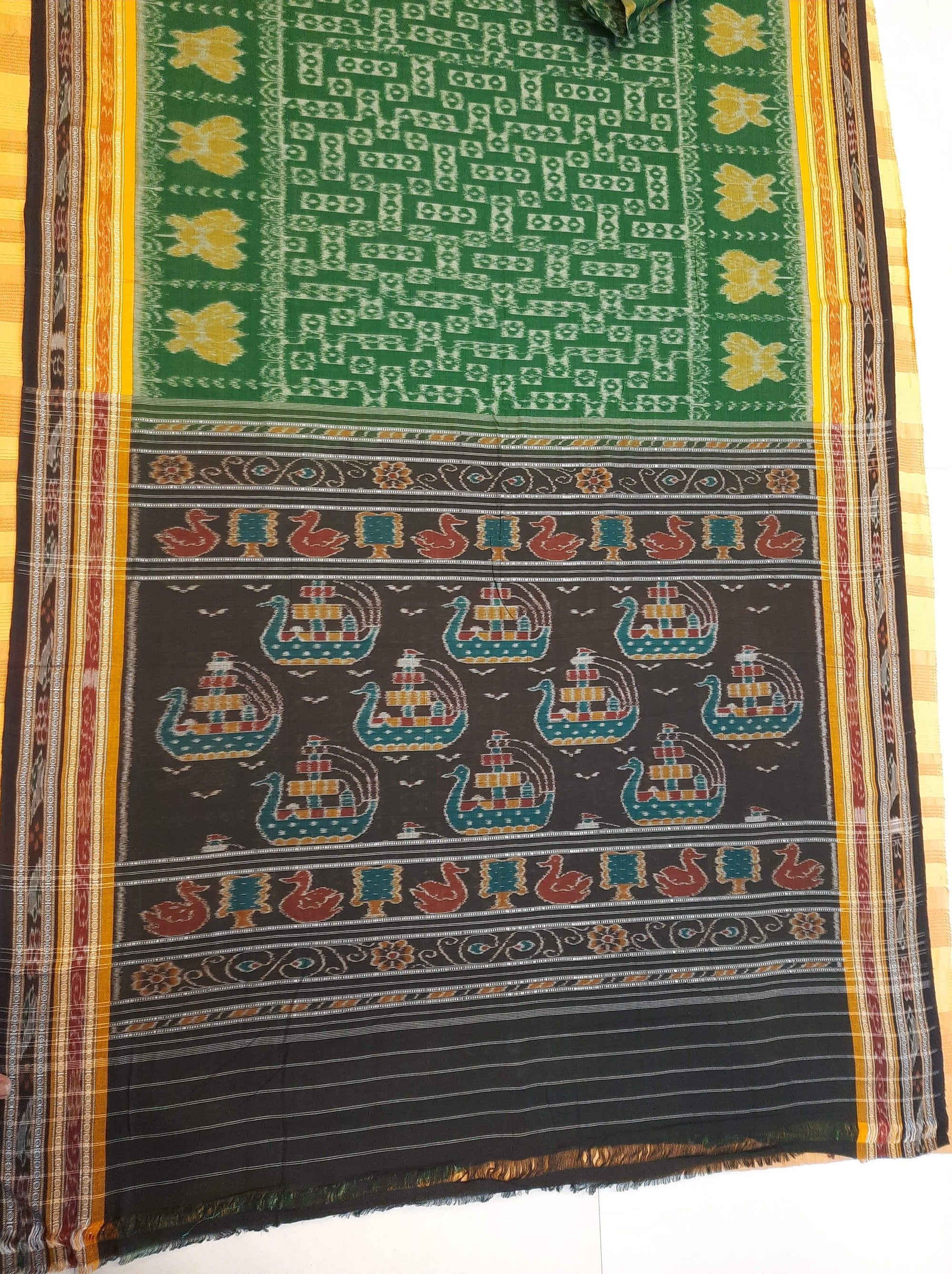 Green double border Odisha Ikat saree  with cotton ikat blouse piece