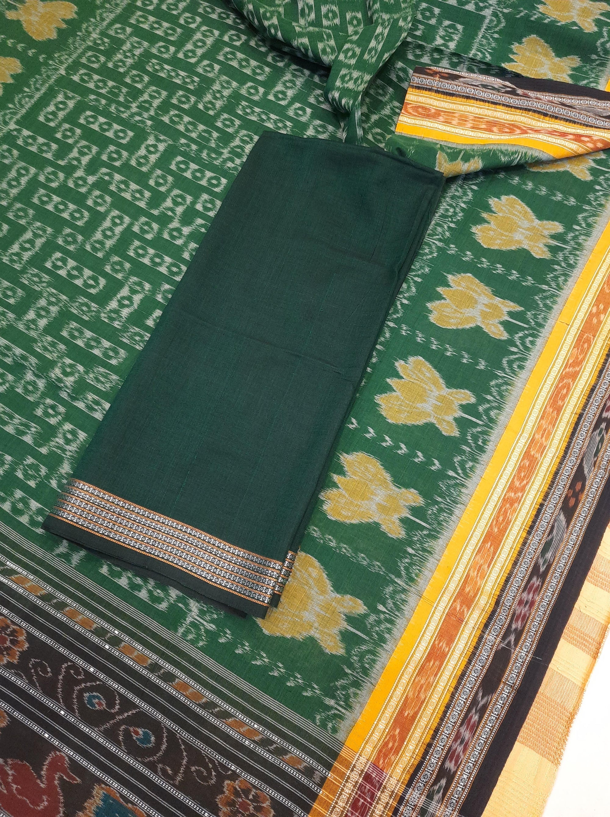 Green double border Odisha Ikat saree  with cotton ikat blouse piece