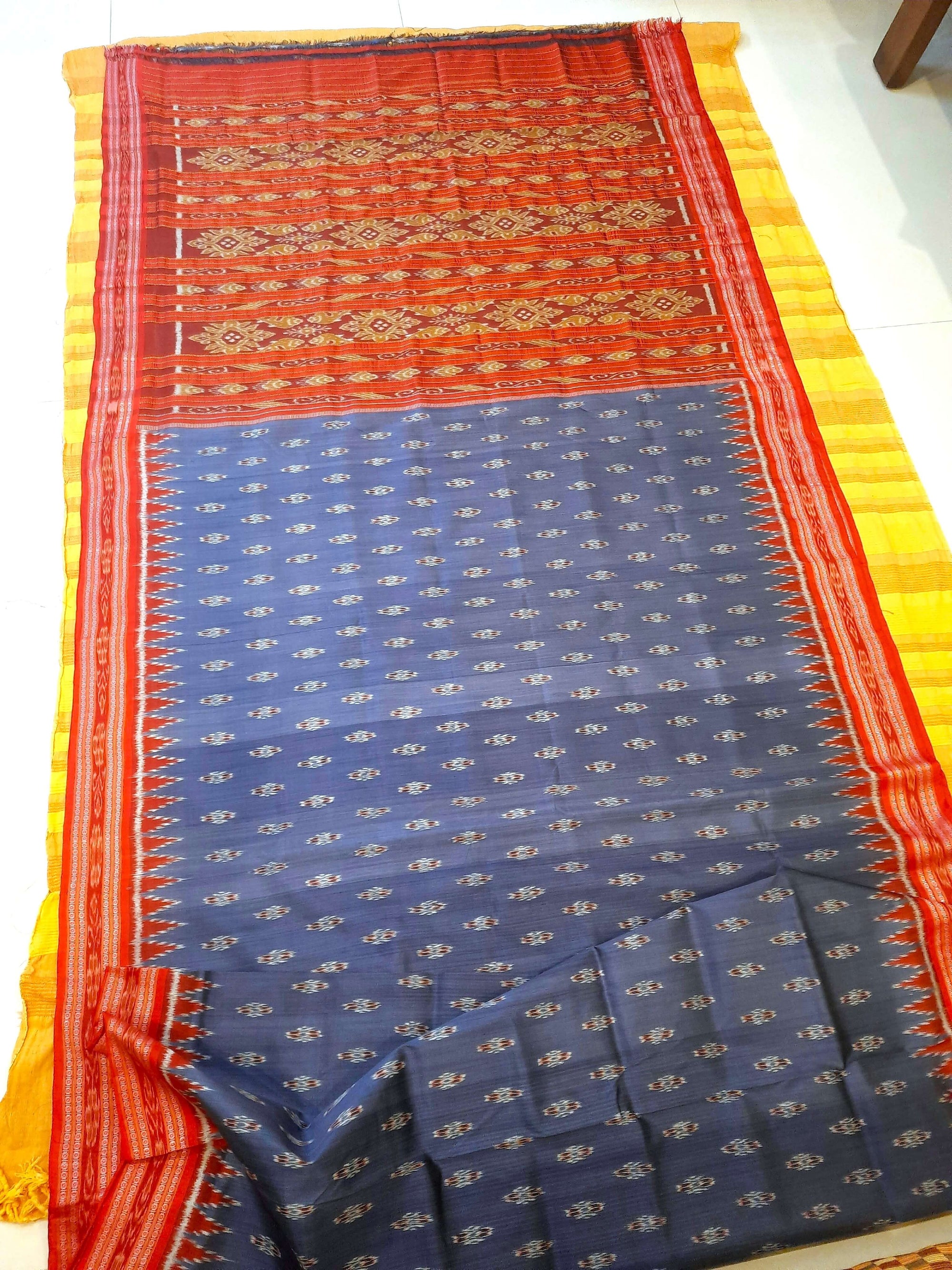 Grey Odisha Khandua Pata Silk Saree with cotton ikat blouse piece