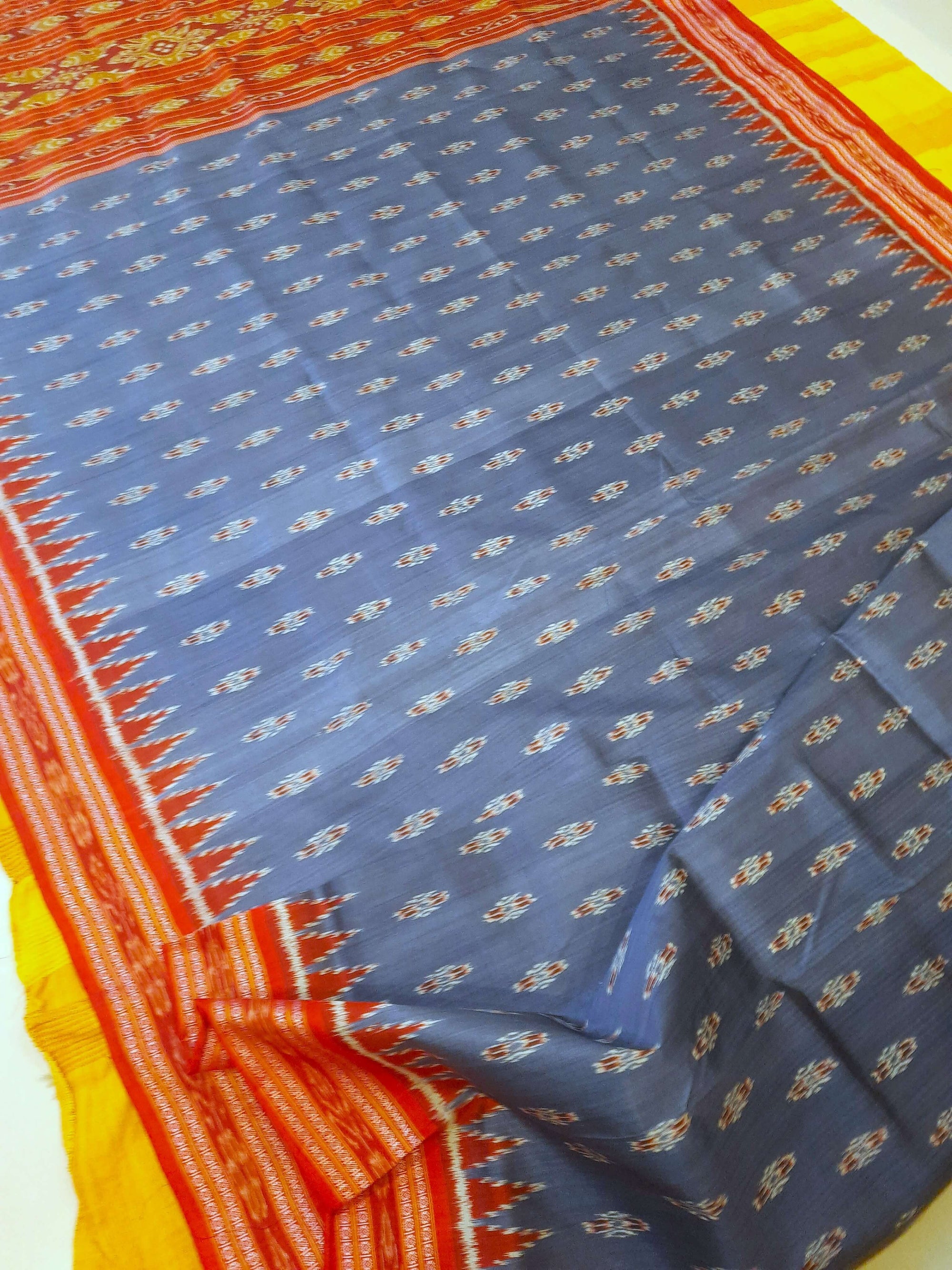 Grey Odisha Khandua Pata Silk Saree with cotton ikat blouse piece