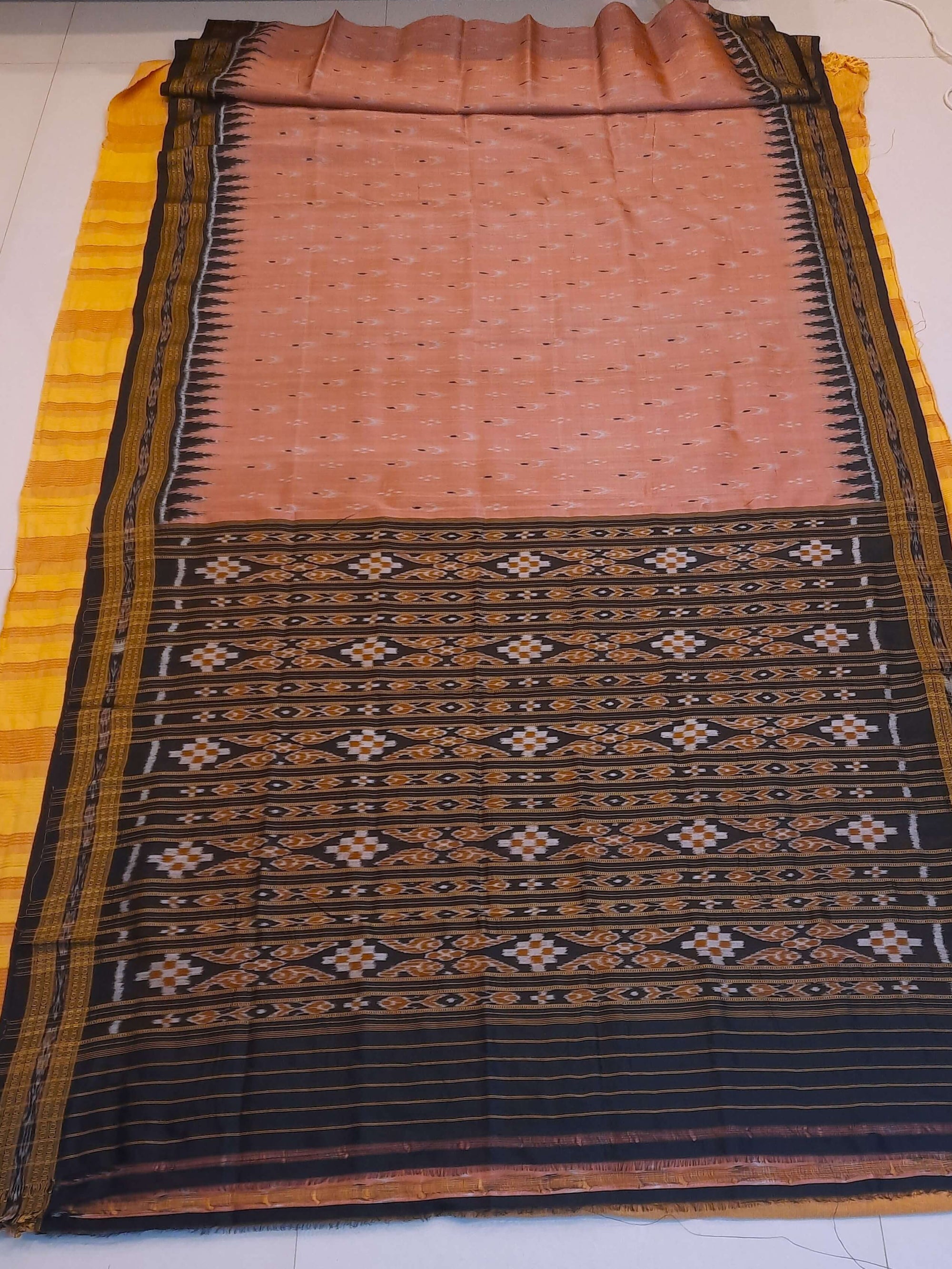 Peach Odisha Khandua Pata Silk Saree with cotton ikat blouse piece