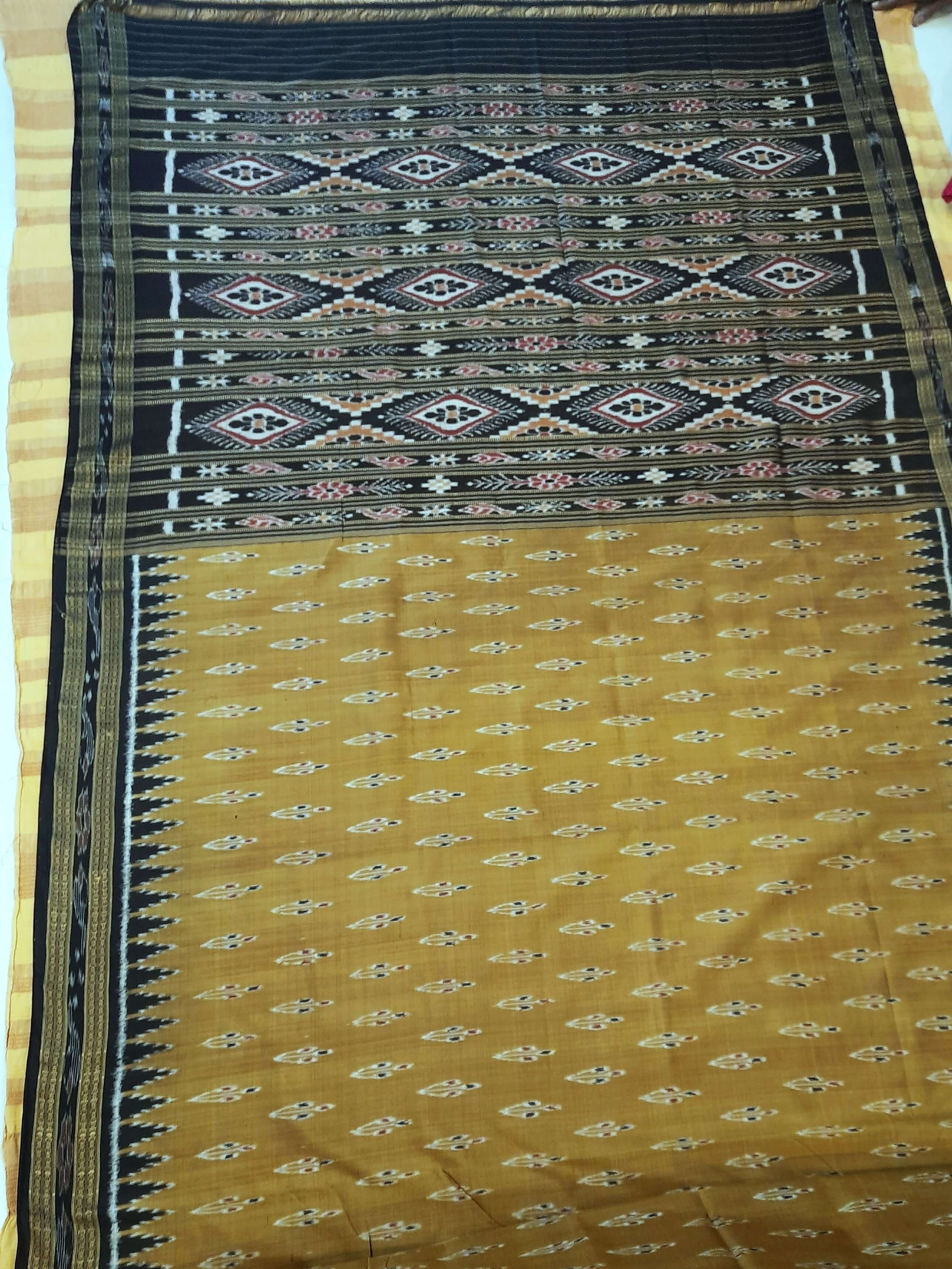 Golden Black Odisha Khandua Pata Silk Saree with cotton ikat blouse piece