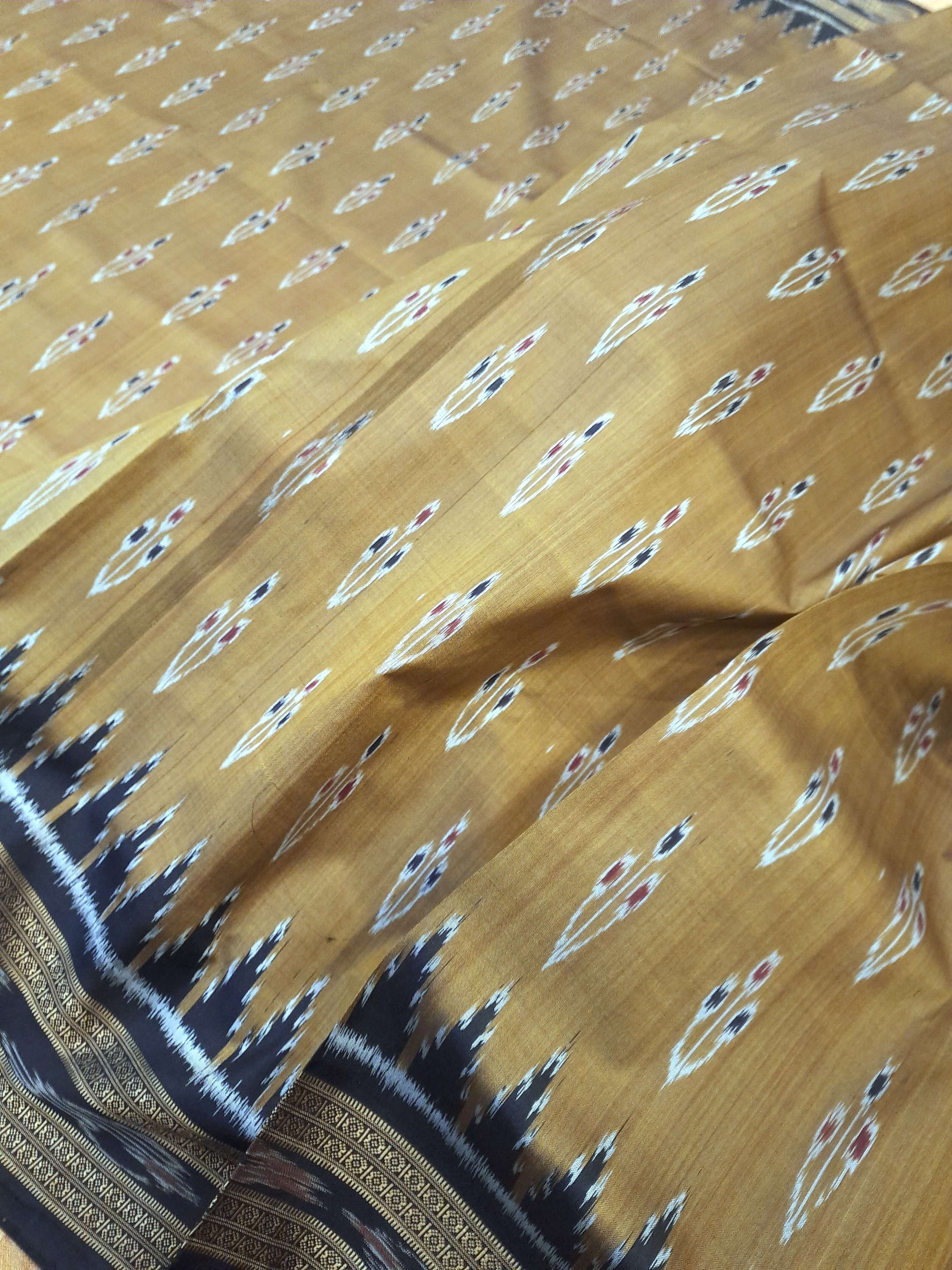 Golden Black Odisha Khandua Pata Silk Saree with cotton ikat blouse piece