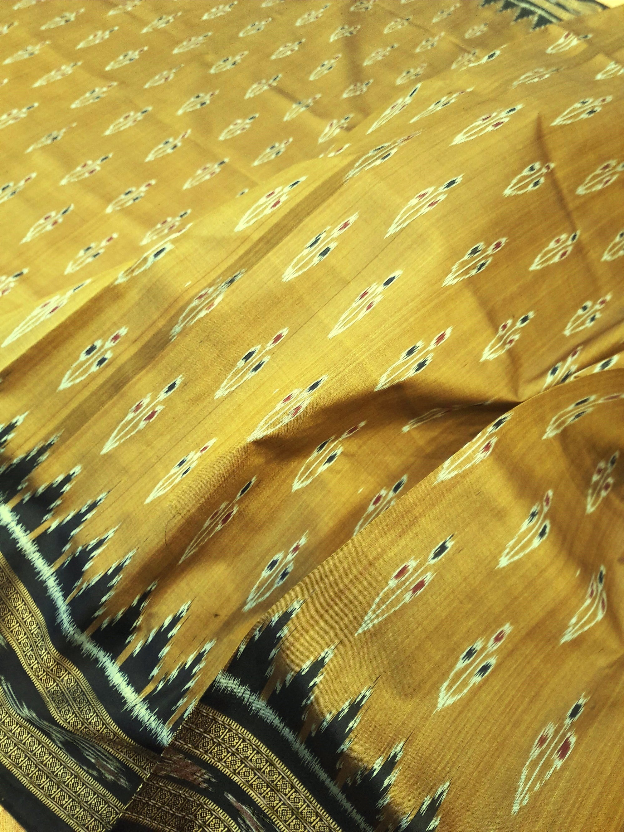 Mustard Black Odisha Khandua Pata Silk Saree with cotton ikat