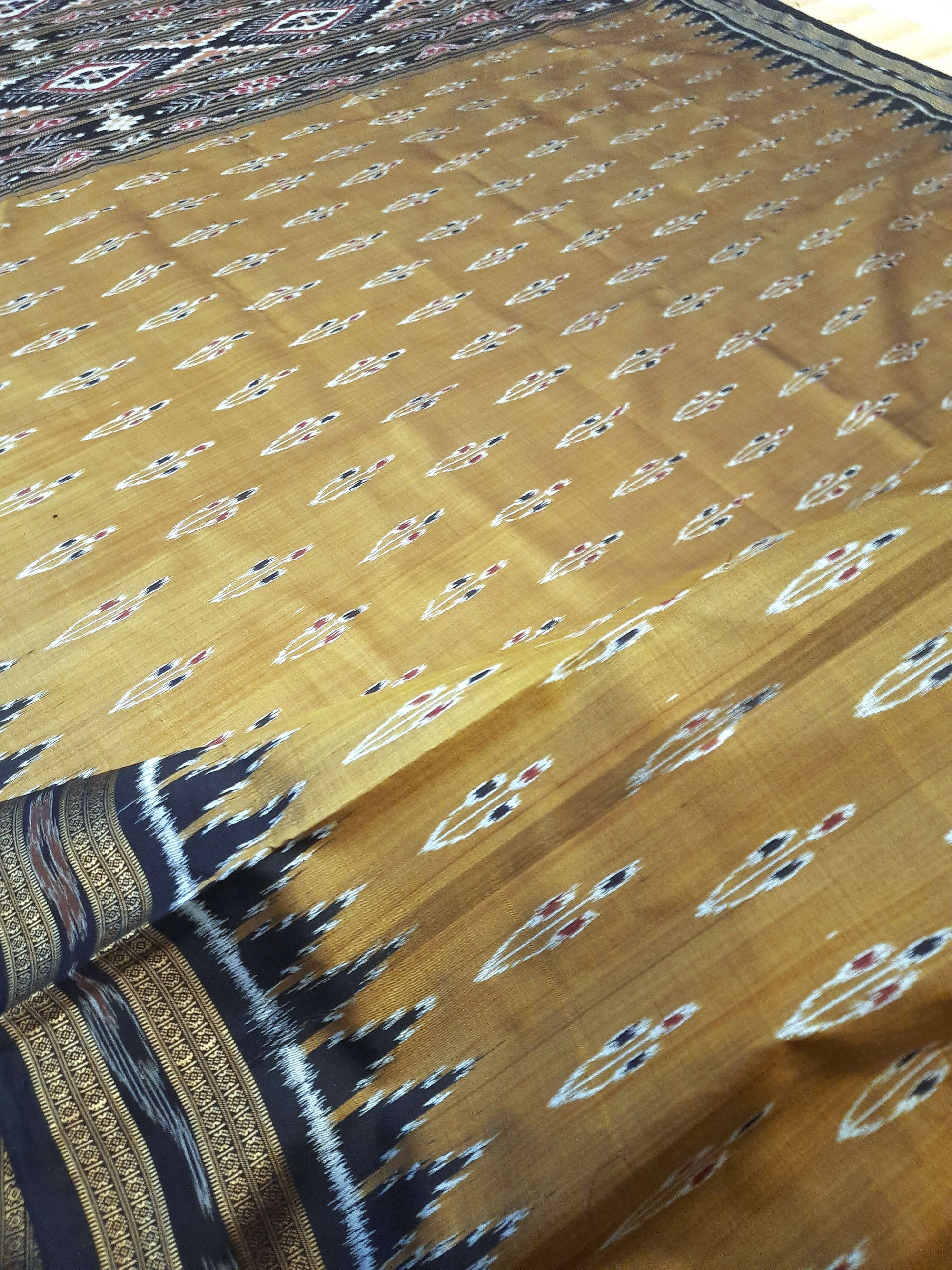 Golden Black Odisha Khandua Pata Silk Saree with cotton ikat blouse piece