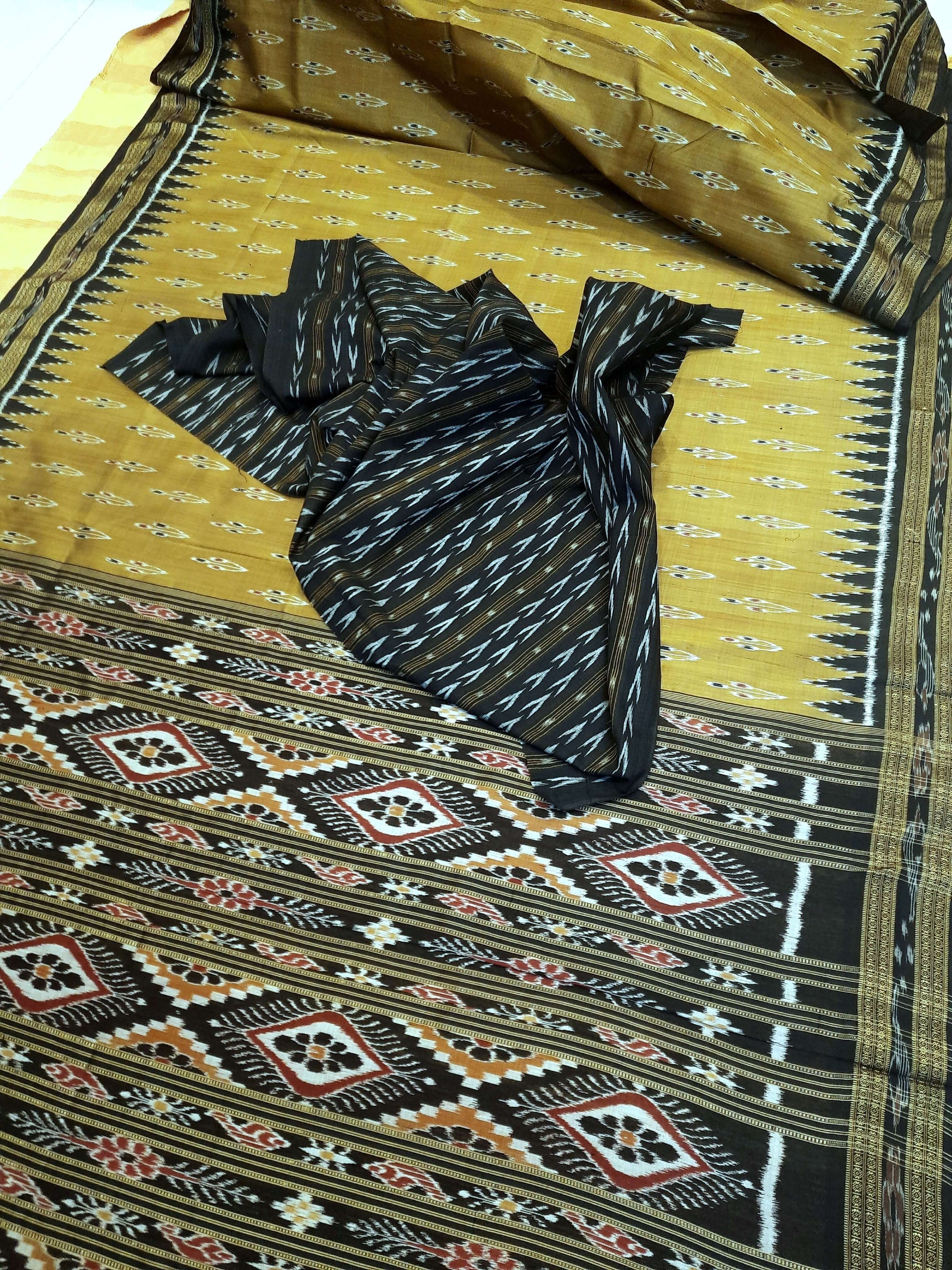 Golden Black Odisha Khandua Pata Silk Saree with cotton ikat blouse piece