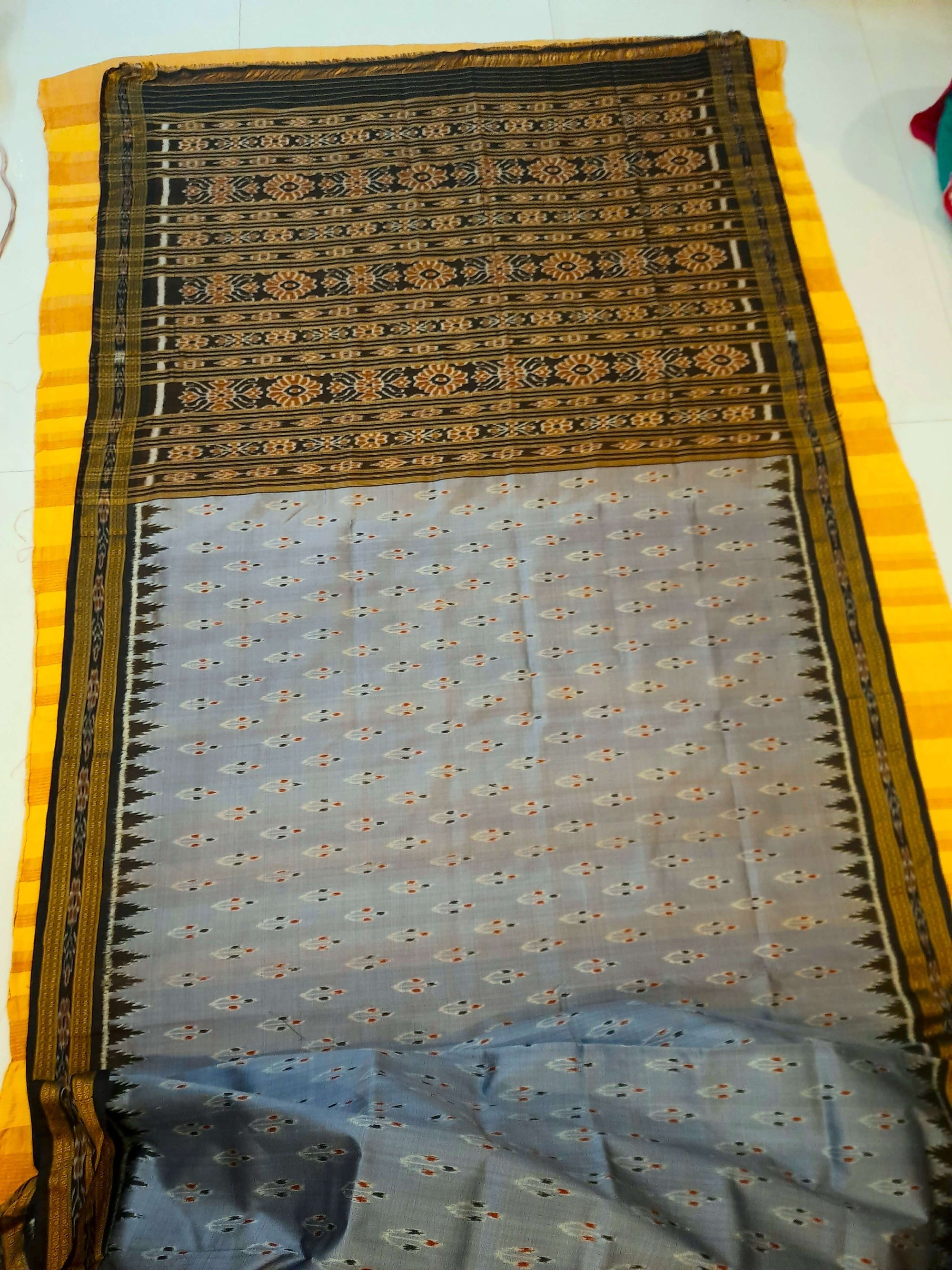 Grey Black Odisha Khandua Pata Silk Saree with cotton ikat blouse piece