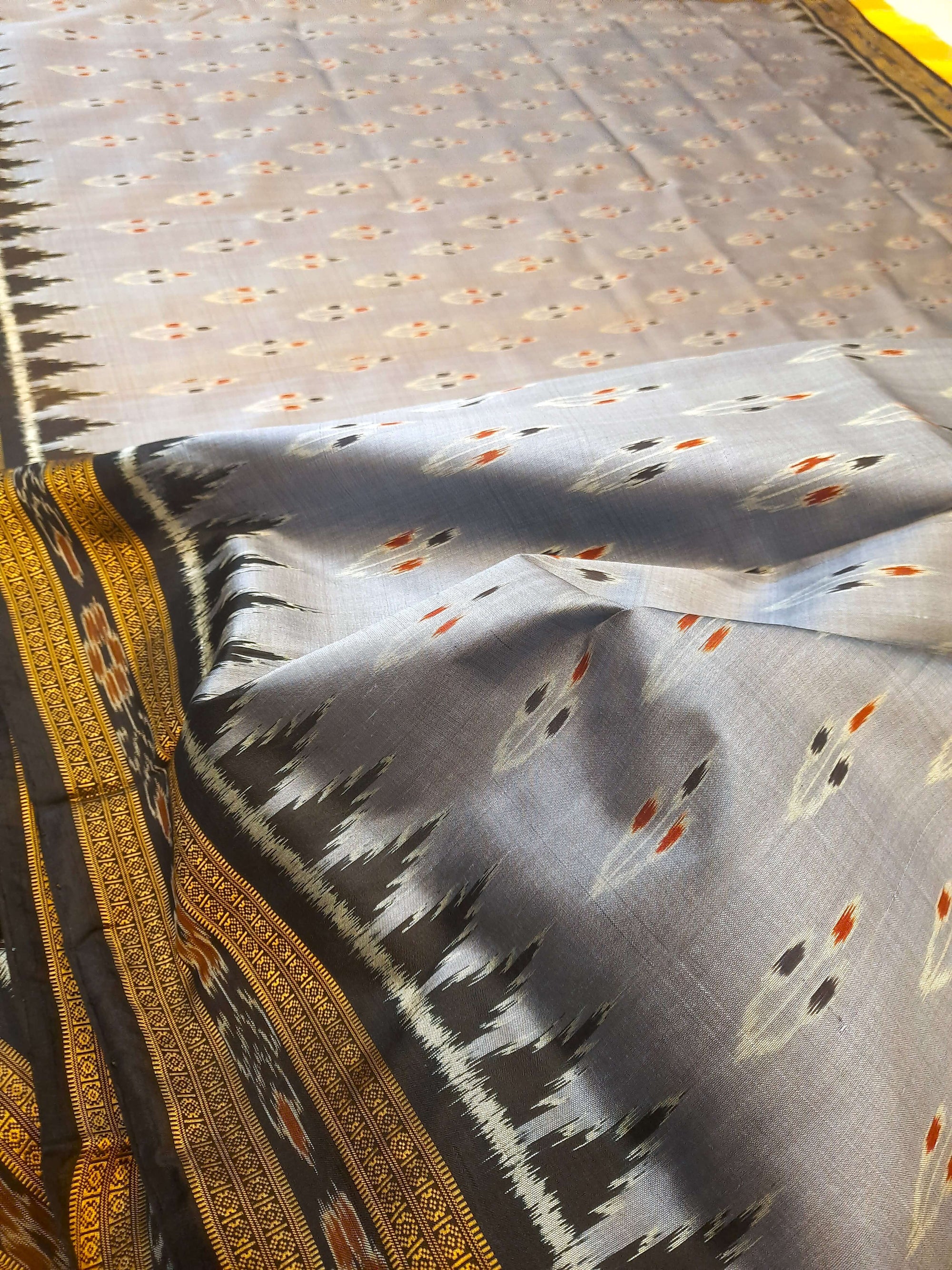 Grey Black Odisha Khandua Pata Silk Saree with cotton ikat blouse piece