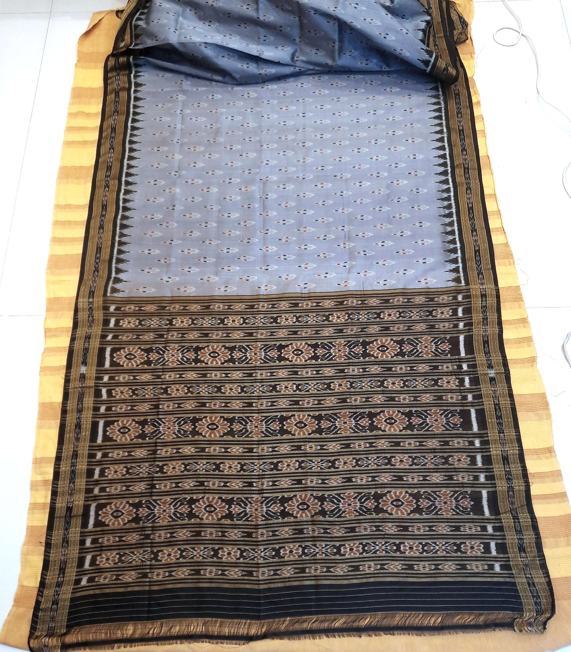 Grey Black Odisha Khandua Pata Silk Saree with cotton ikat blouse piece