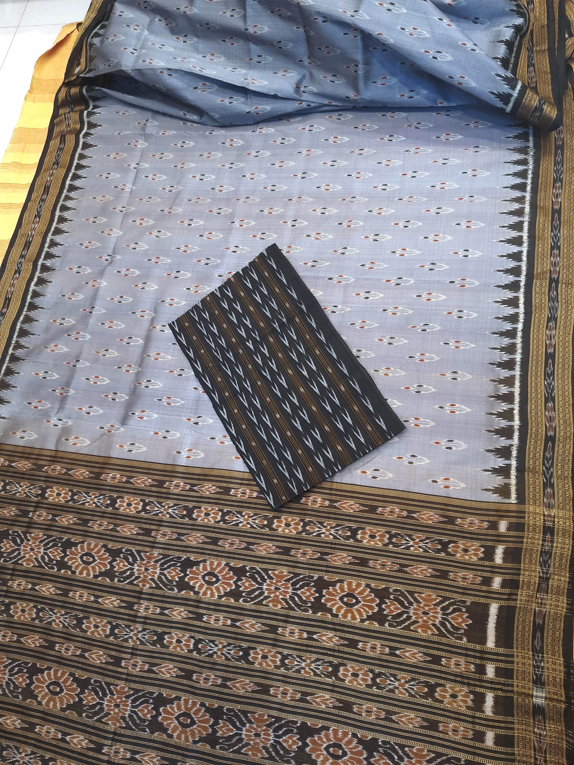 Grey Black Odisha Khandua Pata Silk Saree with cotton ikat blouse piece