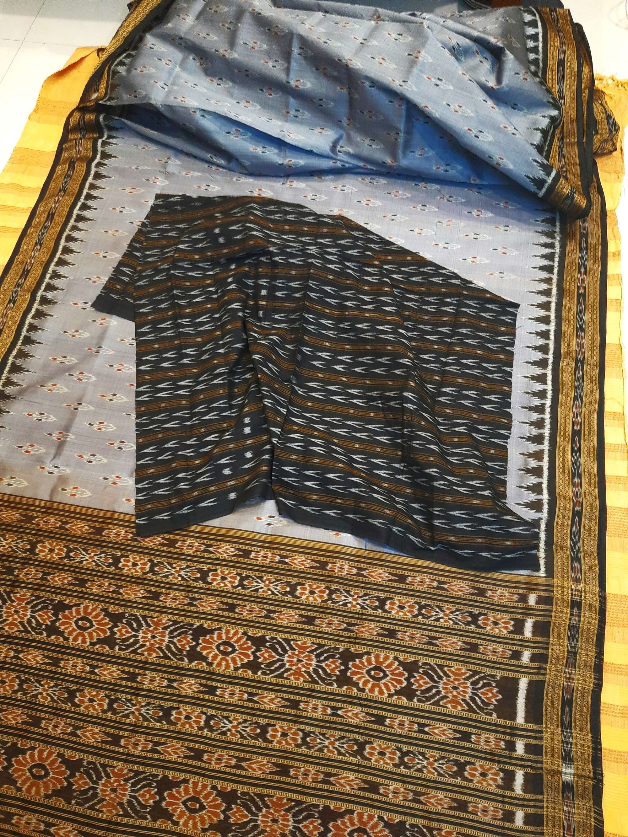 Grey Black Odisha Khandua Pata Silk Saree with cotton ikat blouse piece