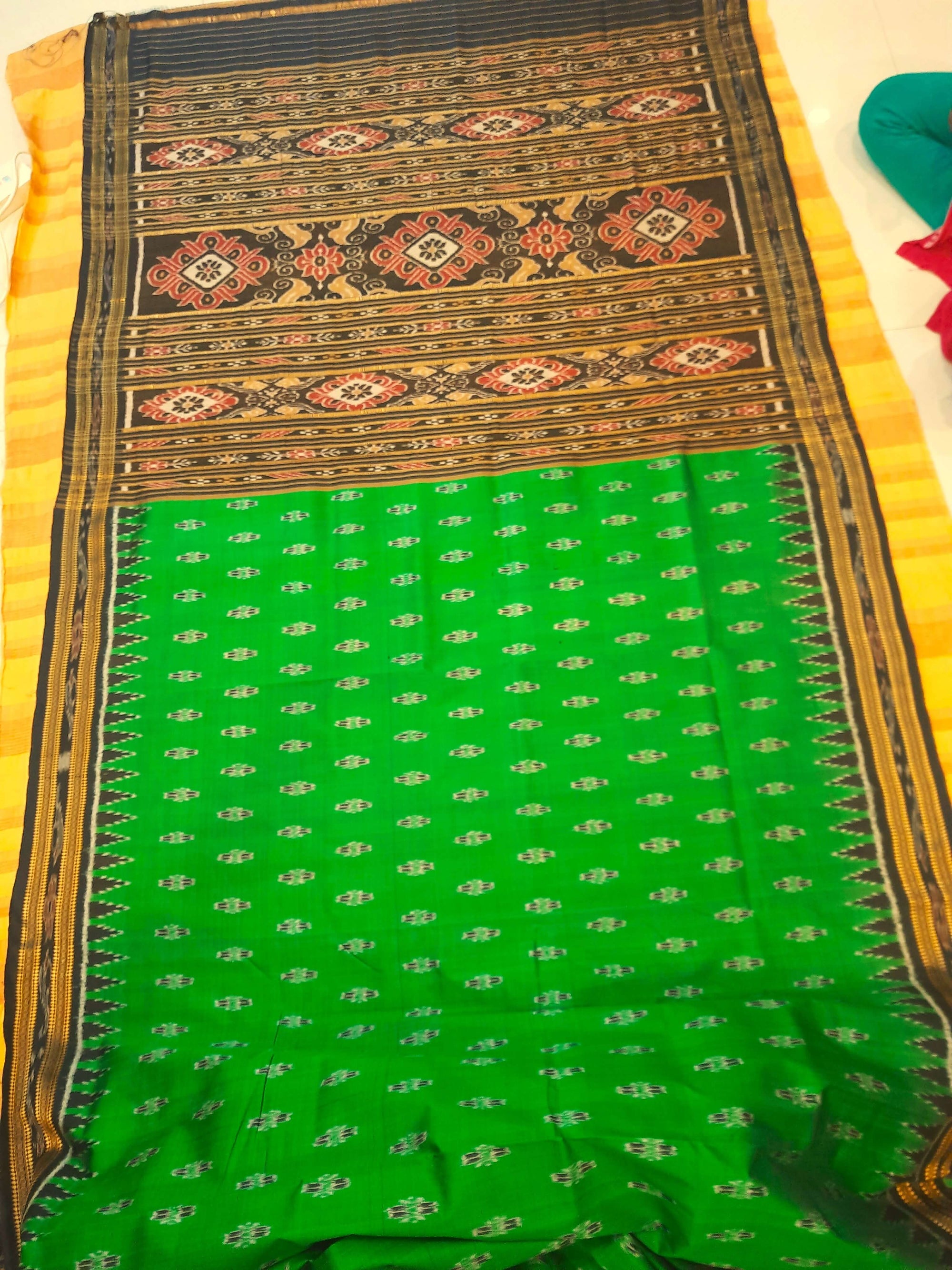 Green Black Odisha Khandua Pata Silk Saree with cotton ikat blouse piece