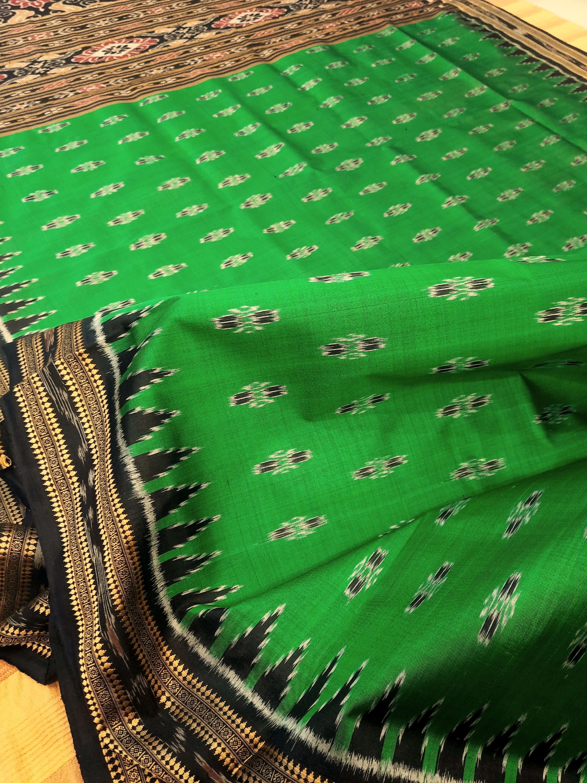 Green Black Odisha Khandua Pata Silk Saree with cotton ikat blouse piece