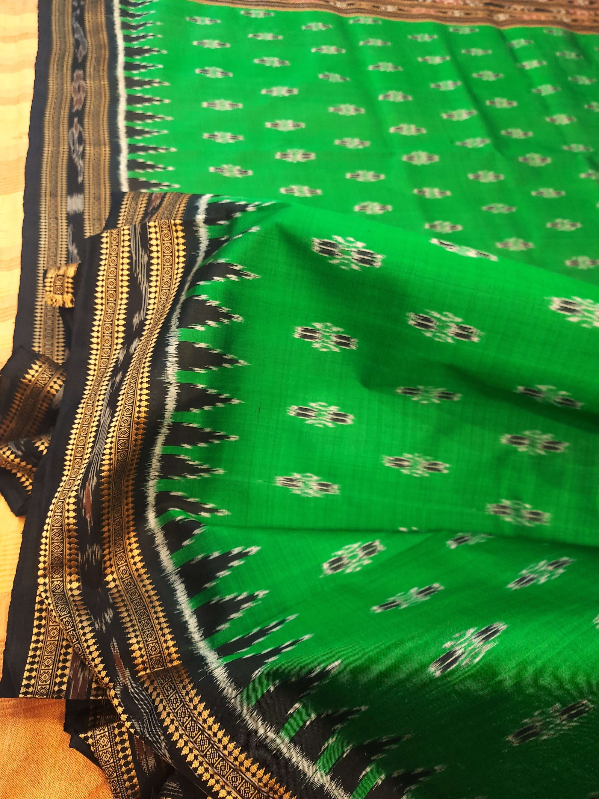 Green Black Odisha Khandua Pata Silk Saree with cotton ikat blouse piece