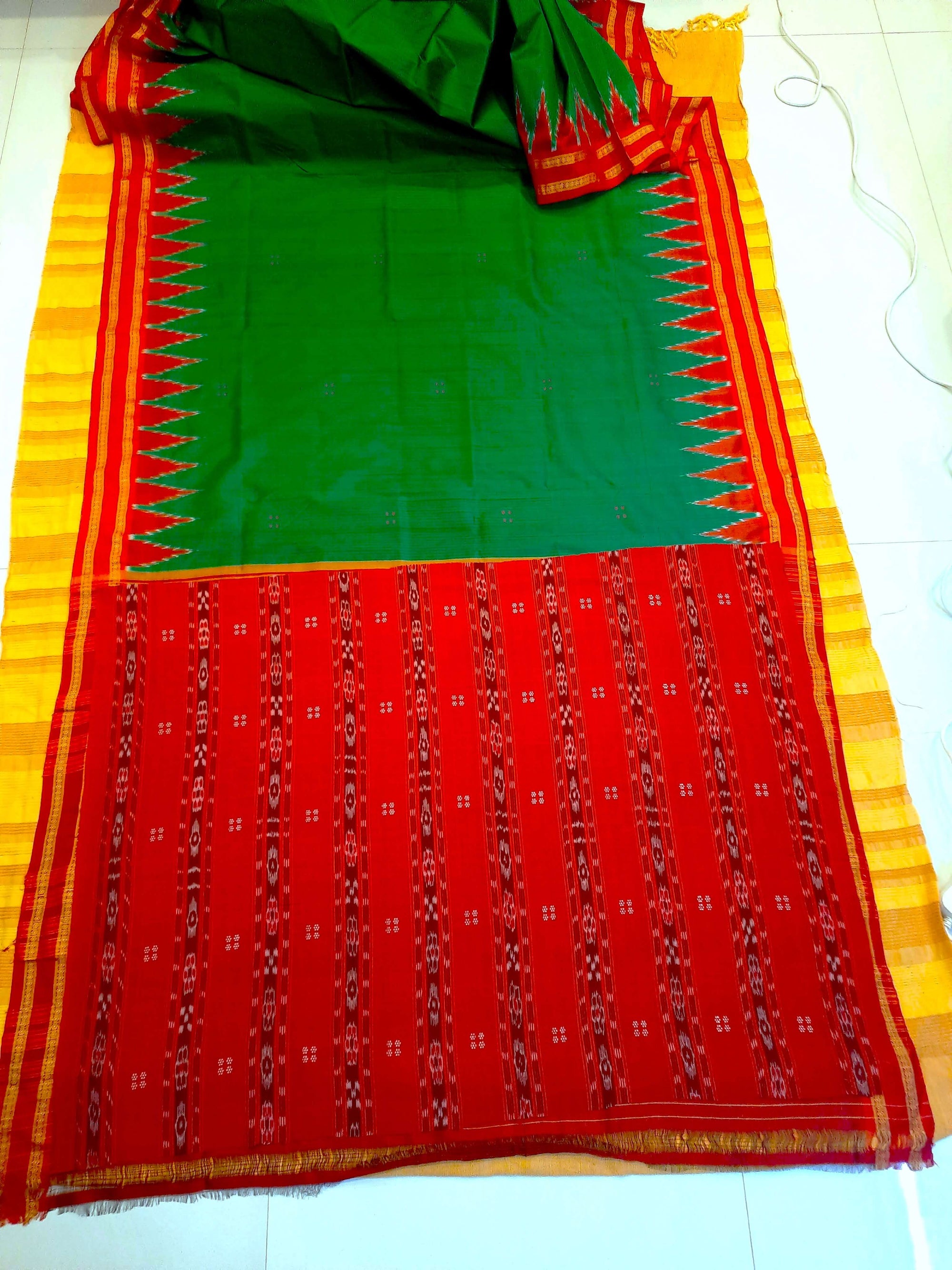 Green Red Odisha Khandua Pata Silk Saree with cotton ikat blouse piece