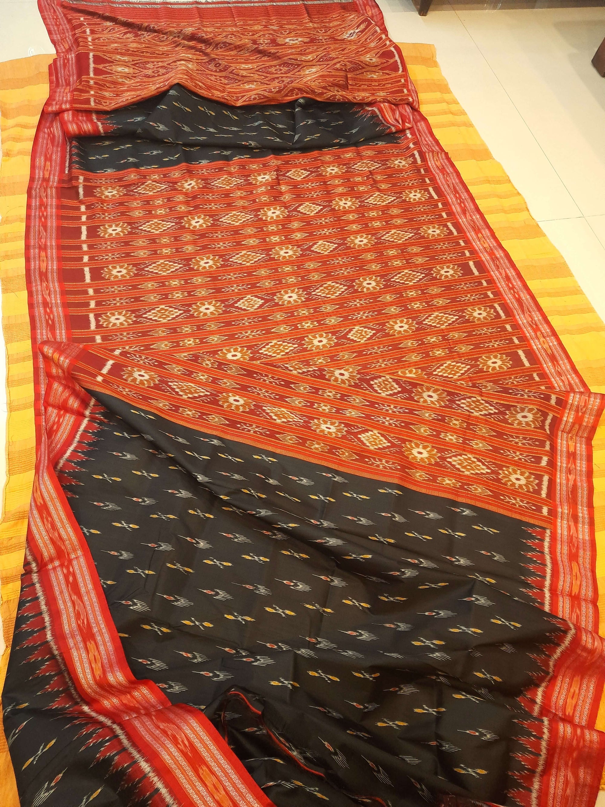 Black Patli design Odisha Khandua Pata Silk Saree with cotton ikat blouse piece