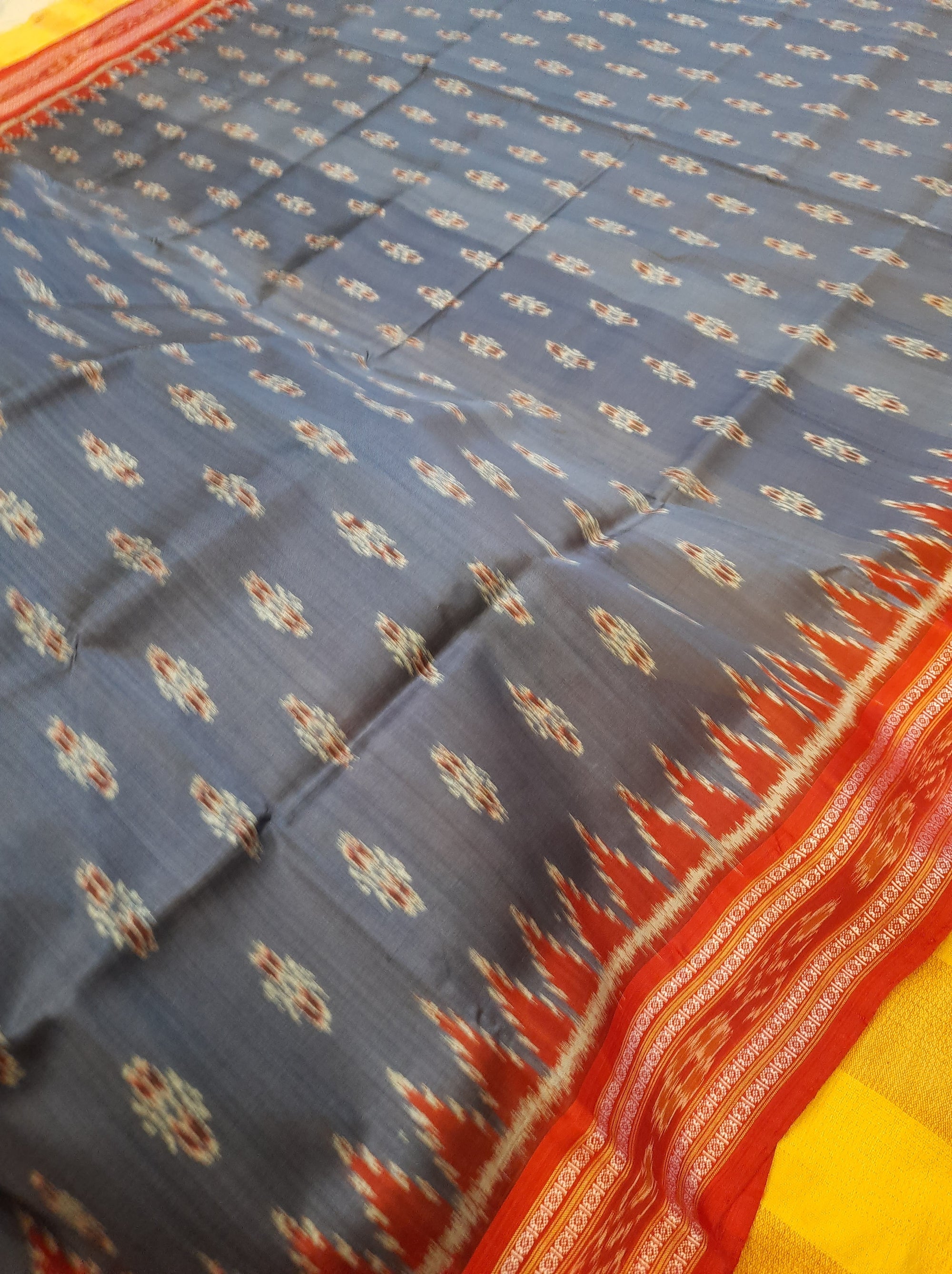 Grey Odisha Khandua Pata Silk Saree with cotton ikat blouse piece