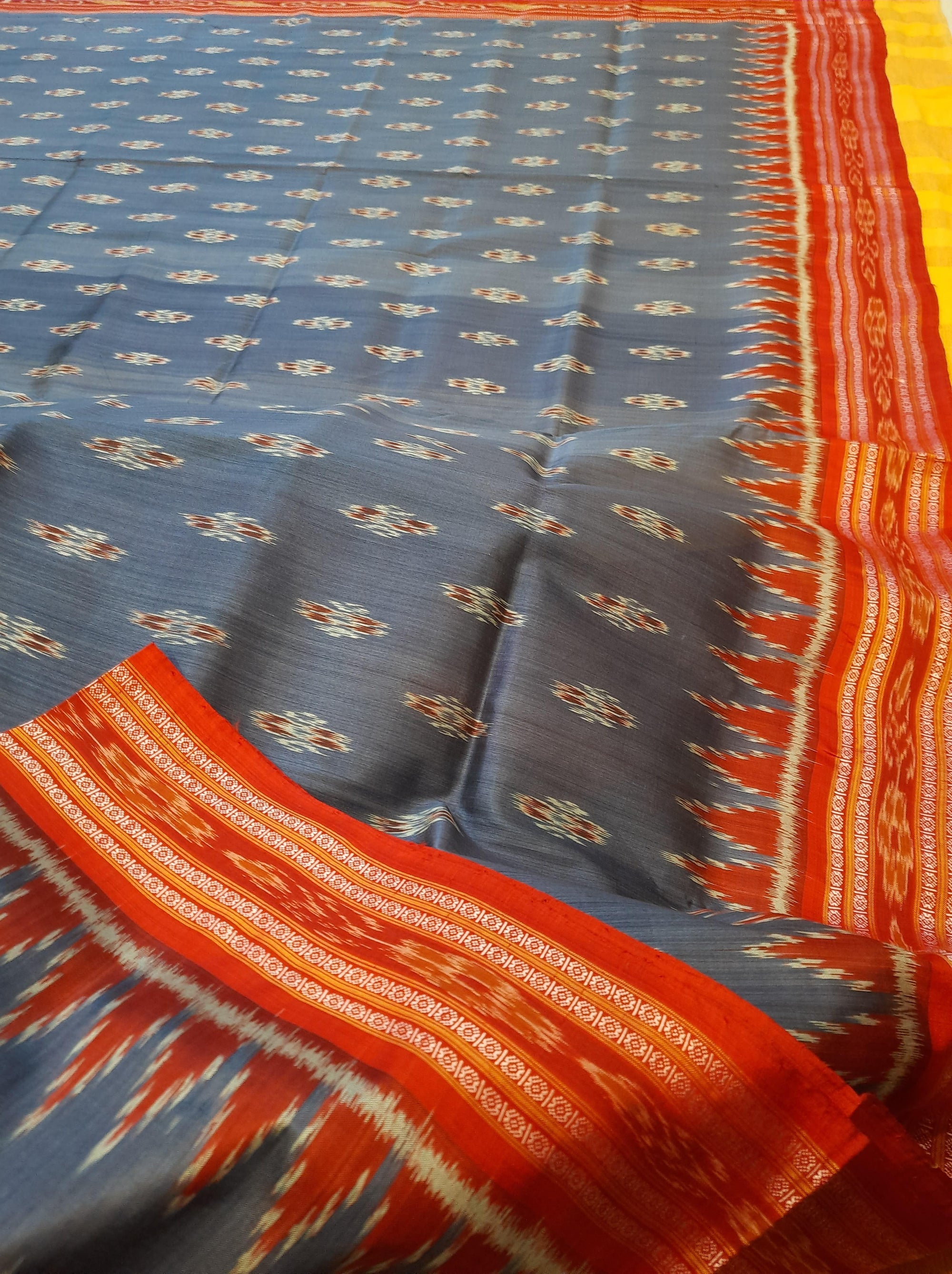 Grey Odisha Khandua Pata Silk Saree with cotton ikat blouse piece