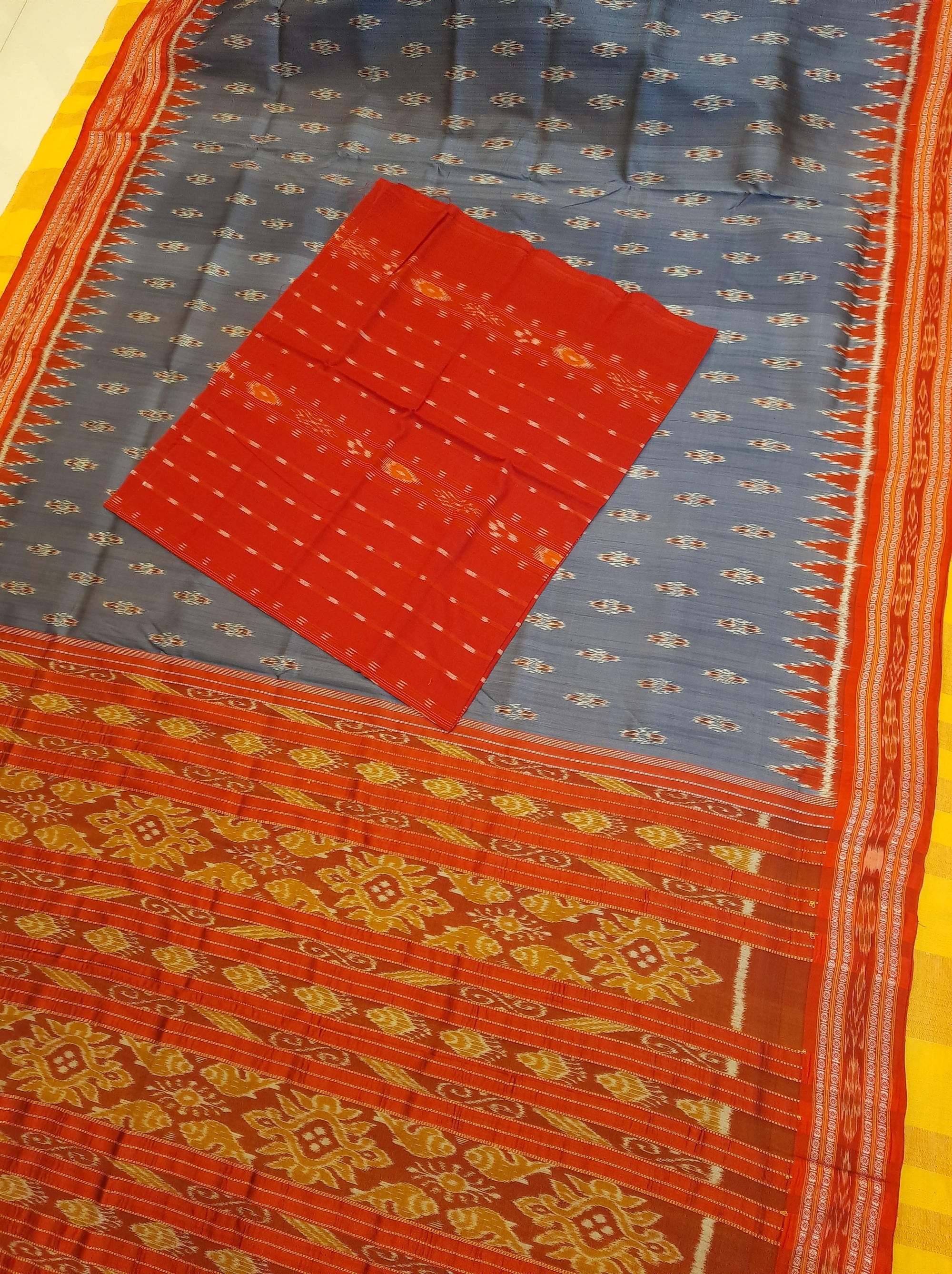 Grey Odisha Khandua Pata Silk Saree with cotton ikat blouse piece