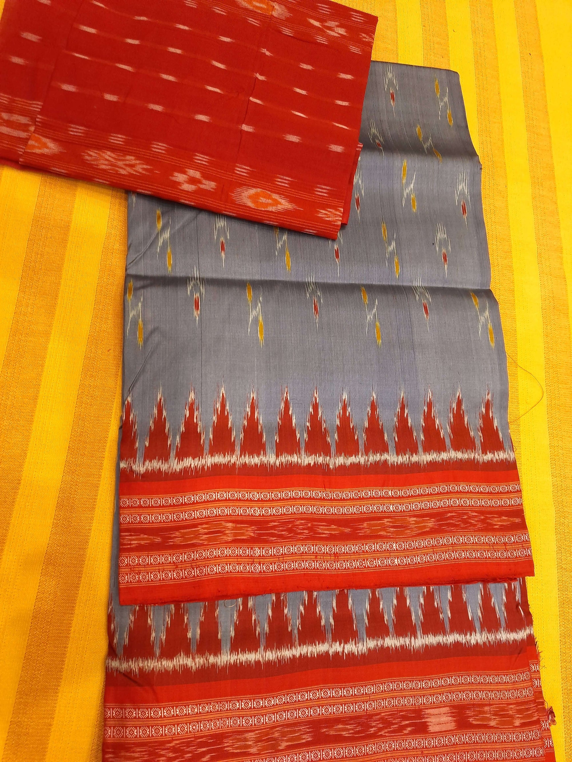 Grey Odisha Khandua Pata Silk Saree with cotton ikat blouse piece